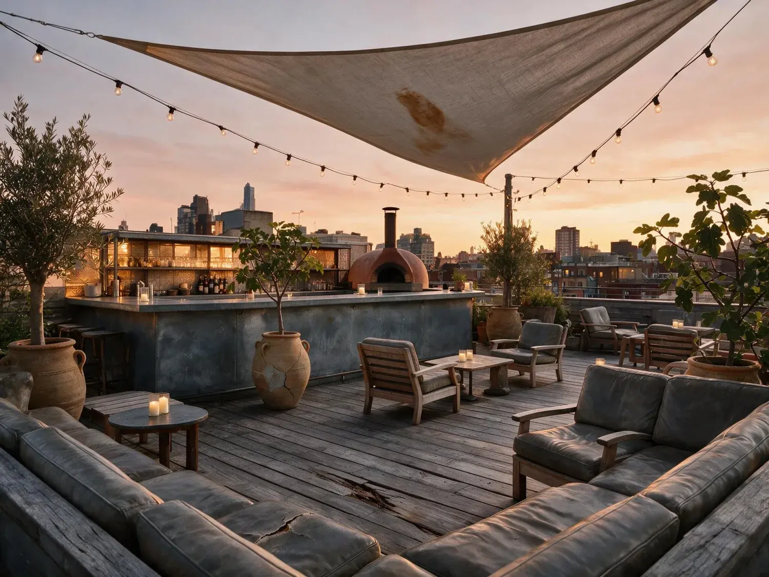 Before and after of a soho-house-style rooftop bar transitions from flat afternoon into a cinematic dusk, string lights igniting above the existing skyline — enhanced by Plotpane