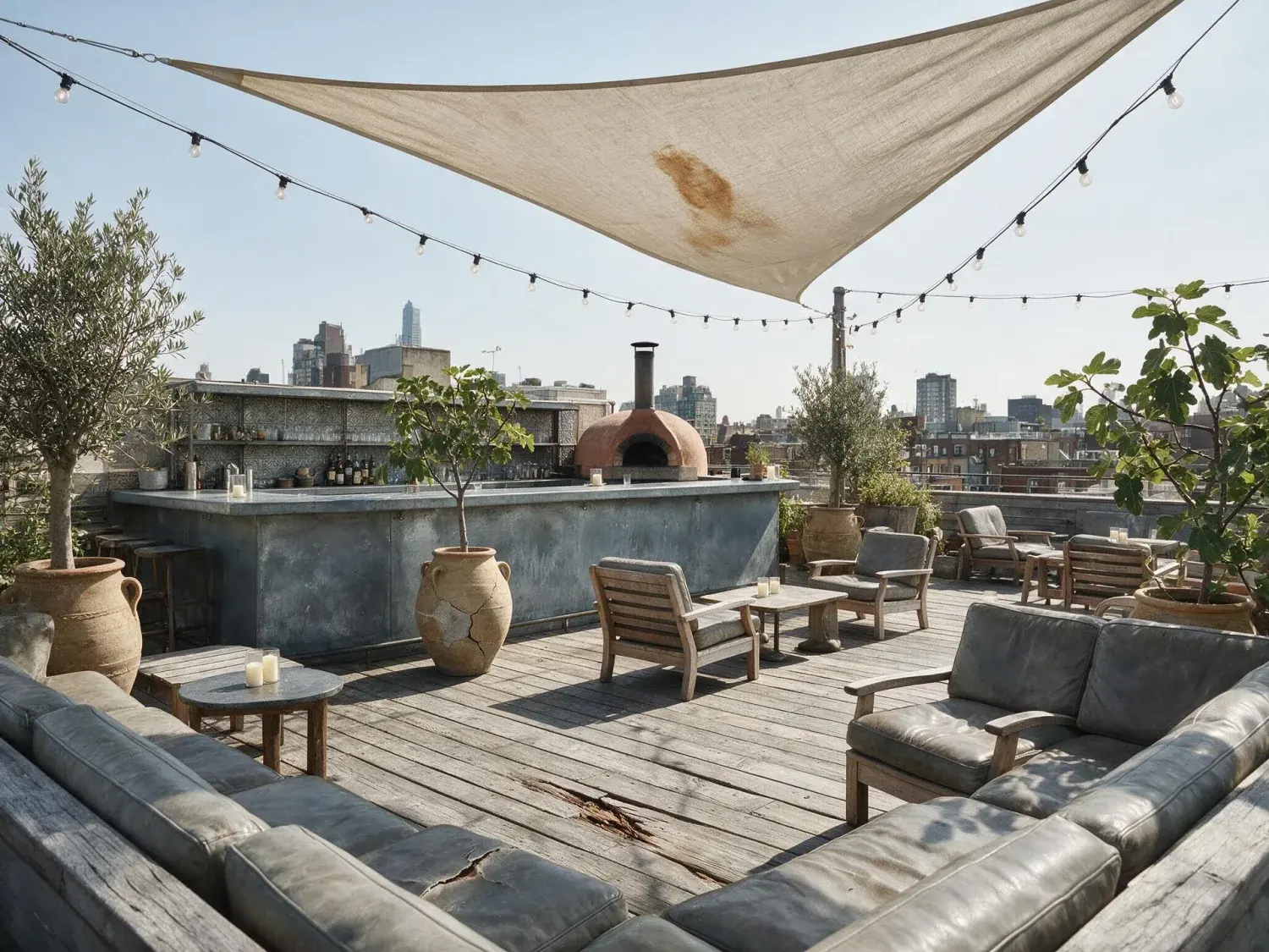 Before and after of a soho-house-style rooftop bar transitions from flat afternoon into a cinematic dusk, string lights igniting above the existing skyline — original listing photo before editing