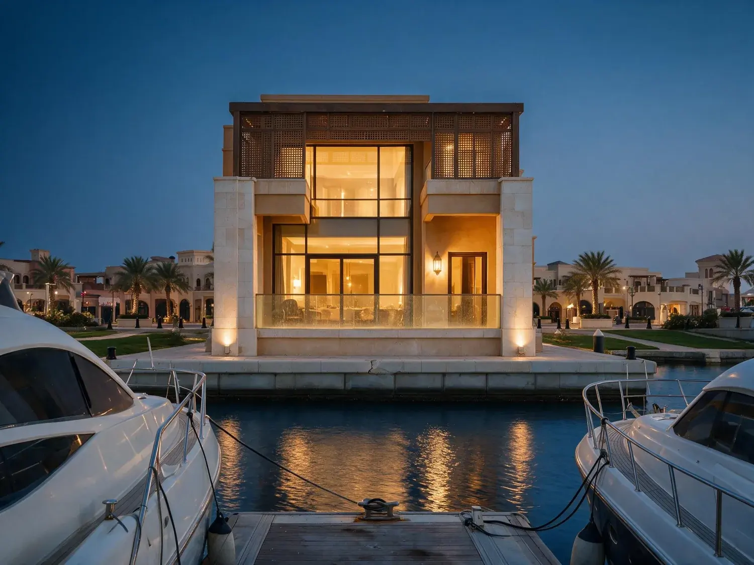 Before and after of a marina-front duplex on the pearl, its double-height glass wall opening onto a mirrored harbour of superyachts at blue hour — enhanced by Plotpane