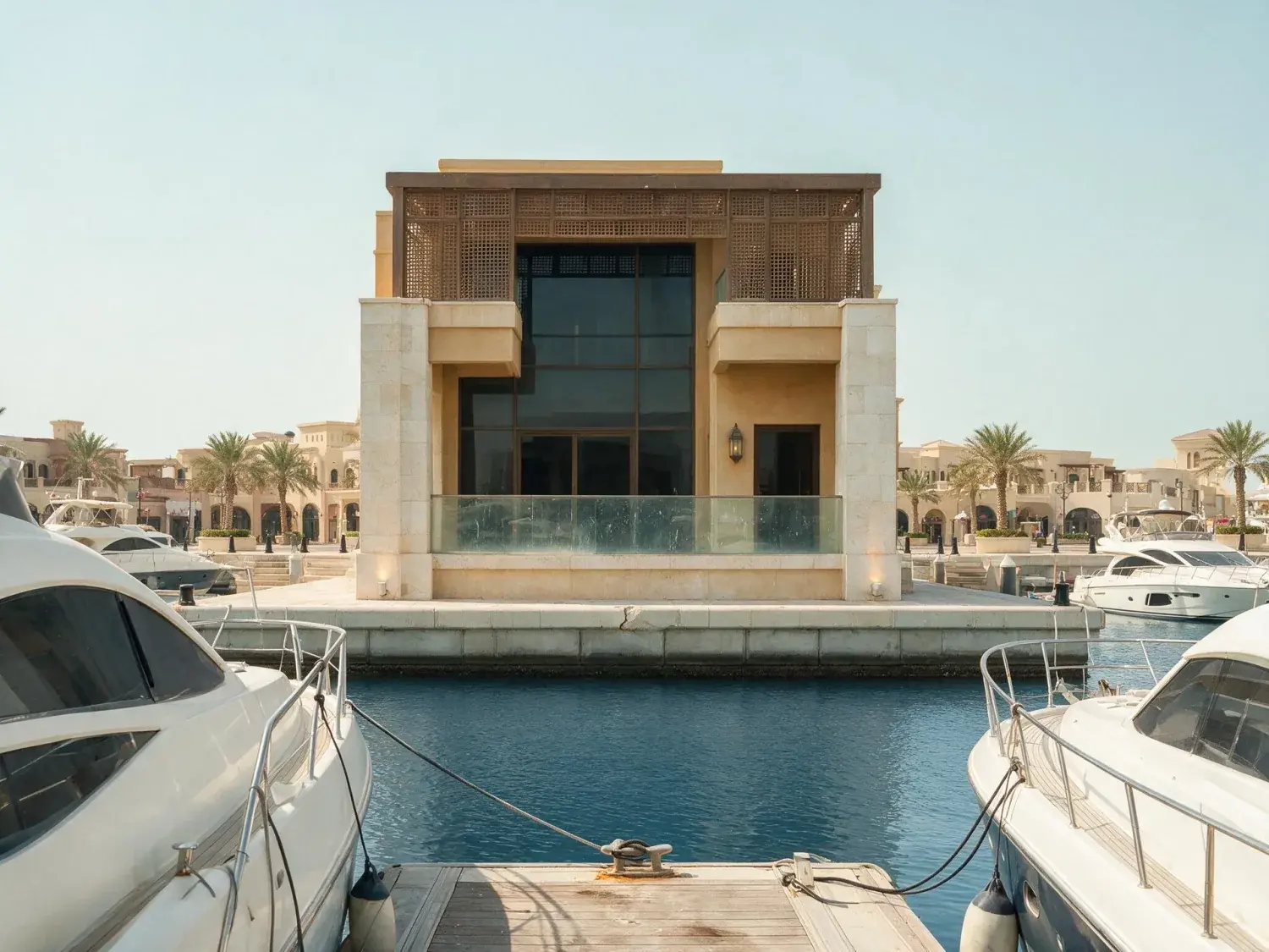 Before and after of a marina-front duplex on the pearl, its double-height glass wall opening onto a mirrored harbour of superyachts at blue hour — original listing photo before editing