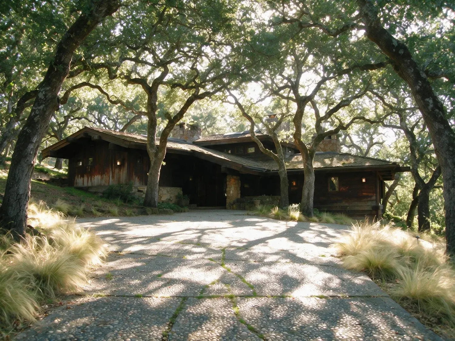 Before and after of a dated woodside estate of stone and oak is reimagined as a tadao ando concrete-and-glass pavilion floating among centennial live oaks — enhanced by Plotpane
