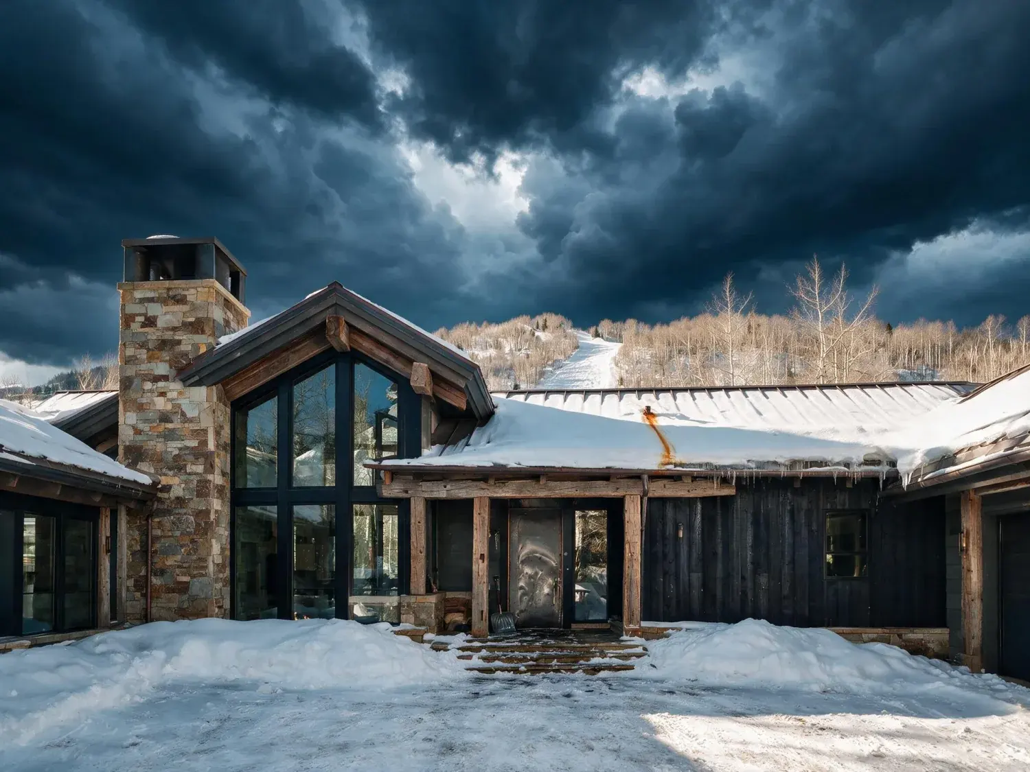 Before and after of an aspen ski-lodge great room swaps a flat bluebird afternoon sky for a dramatic post-storm dusk above ajax mountain — enhanced by Plotpane