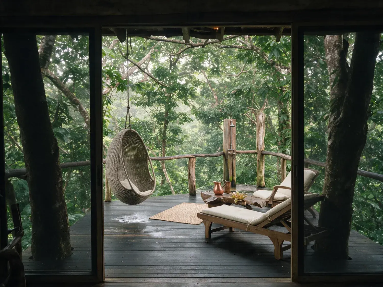 Before and after of a deep-shade costa rica treehouse suite deck lifts from muddy rainforest underexposure into crisp editorial canopy clarity — enhanced by Plotpane