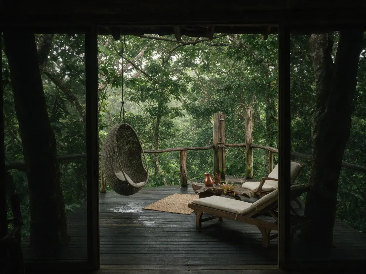 Before and after of a deep-shade costa rica treehouse suite deck lifts from muddy rainforest underexposure into crisp editorial canopy clarity — original listing photo before editing