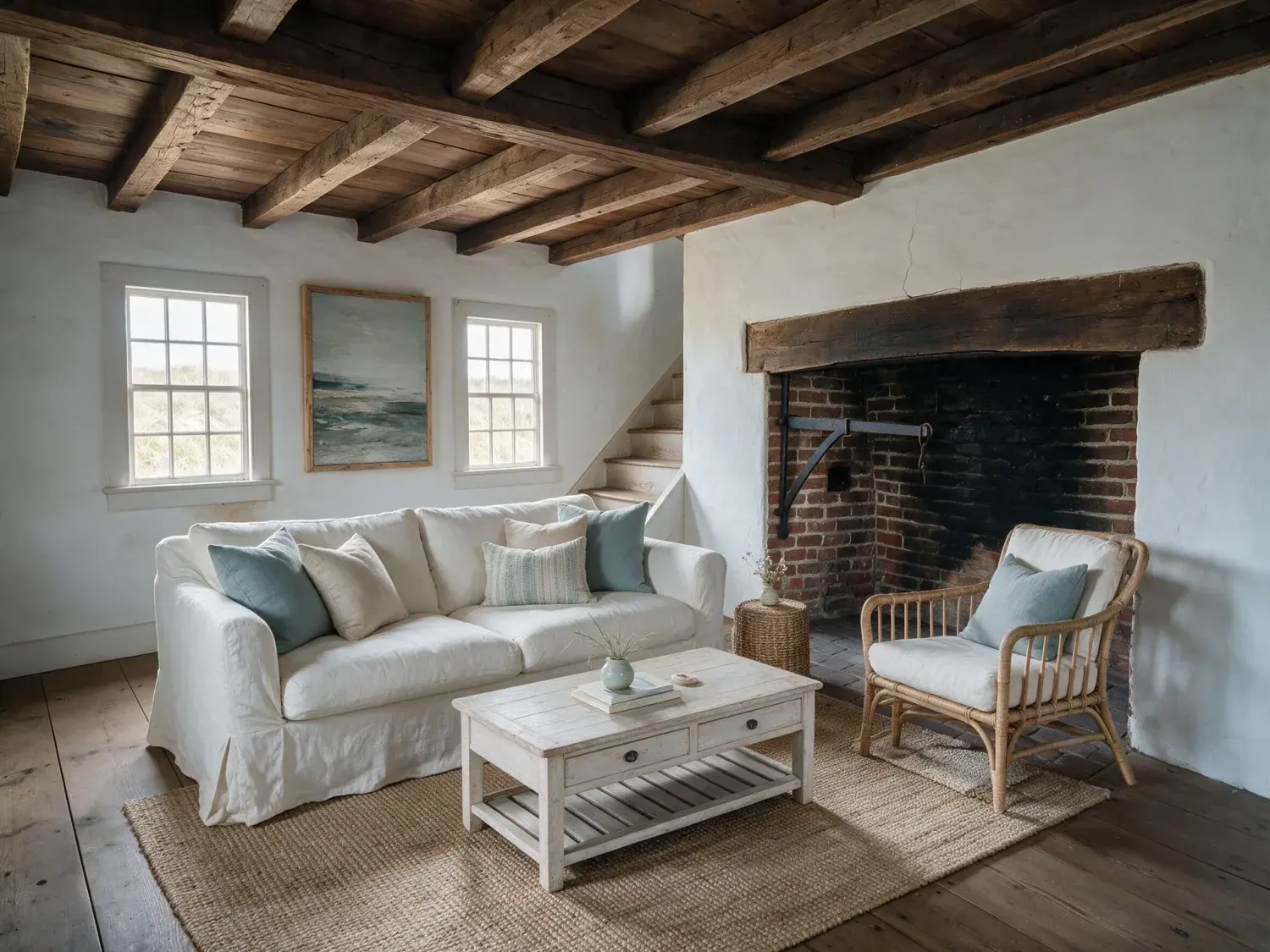 Before and after of a 1780s cape cod saltbox with hand-hewn beams and original hearth, an empty shell transformed into the exact coastal-editorial look that books nightly at a premium — enhanced by Plotpane