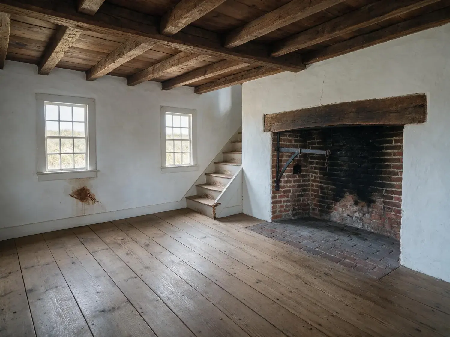 Before and after of a 1780s cape cod saltbox with hand-hewn beams and original hearth, an empty shell transformed into the exact coastal-editorial look that books nightly at a premium — original listing photo before editing
