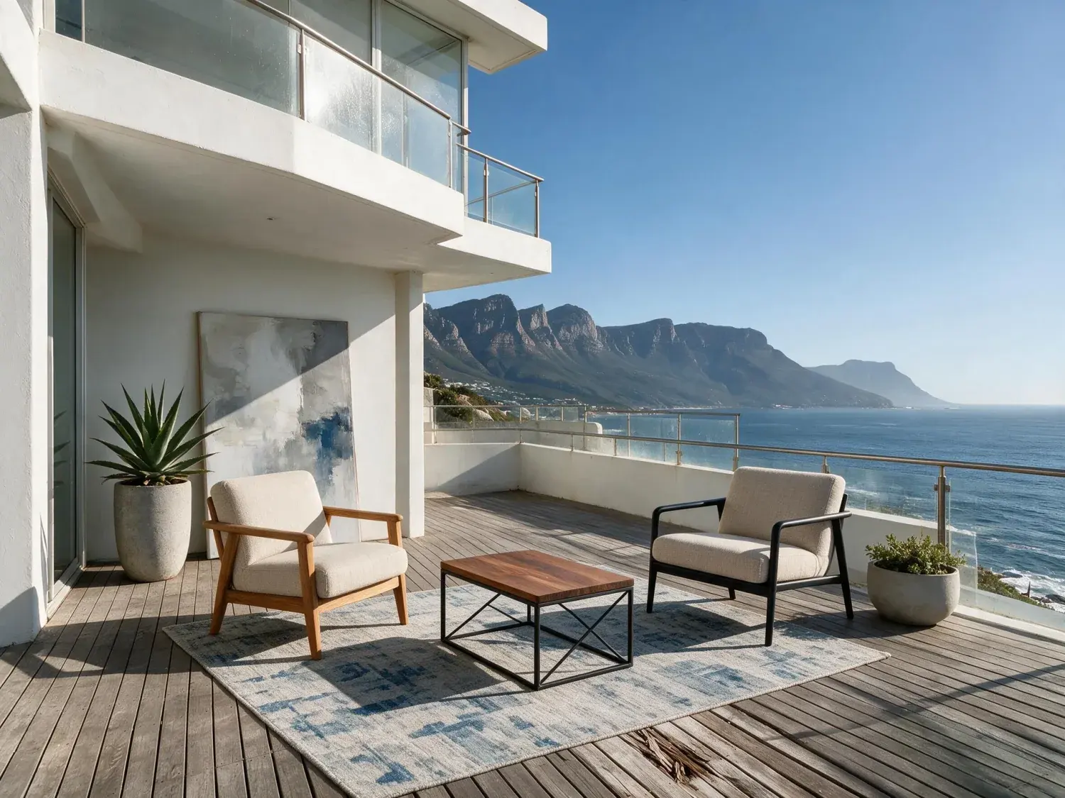 Before and after of a cape town clifton cliffside villa above the atlantic seaboard — white rendered concrete, cantilevered glass decks, infinity pool — preserved exactly — enhanced by Plotpane