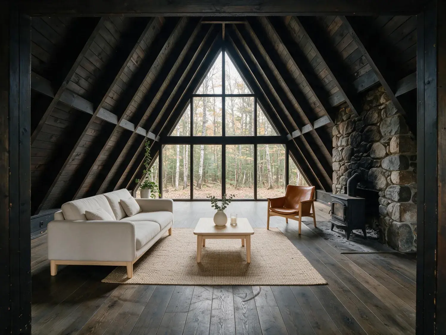 Before and after of a black-stained catskills a-frame with a sooty stone fireplace — emptied of tenant clutter and restaged for the fall-winter booking season that every str host lives off — enhanced by Plotpane
