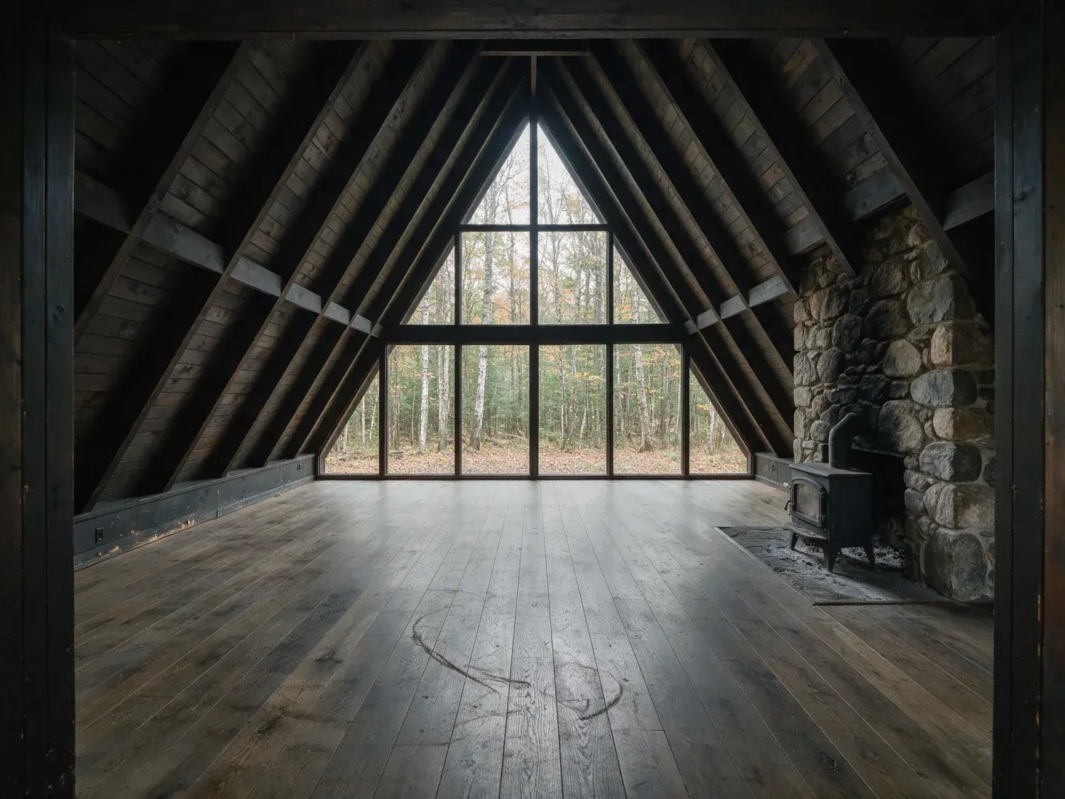Before and after of a black-stained catskills a-frame with a sooty stone fireplace — emptied of tenant clutter and restaged for the fall-winter booking season that every str host lives off — original listing photo before editing