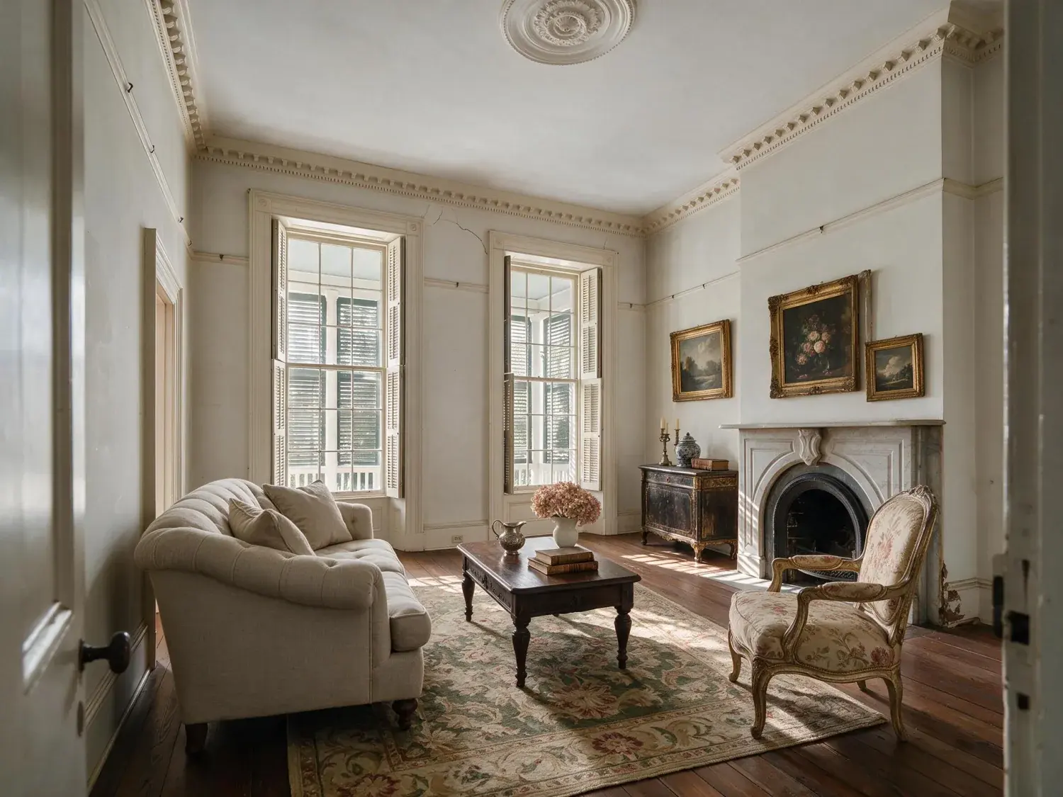 Before and after of a south of broad charleston single house with a double piazza, its formal drawing room emptied and waiting for a designer's five-direction pitch — enhanced by Plotpane