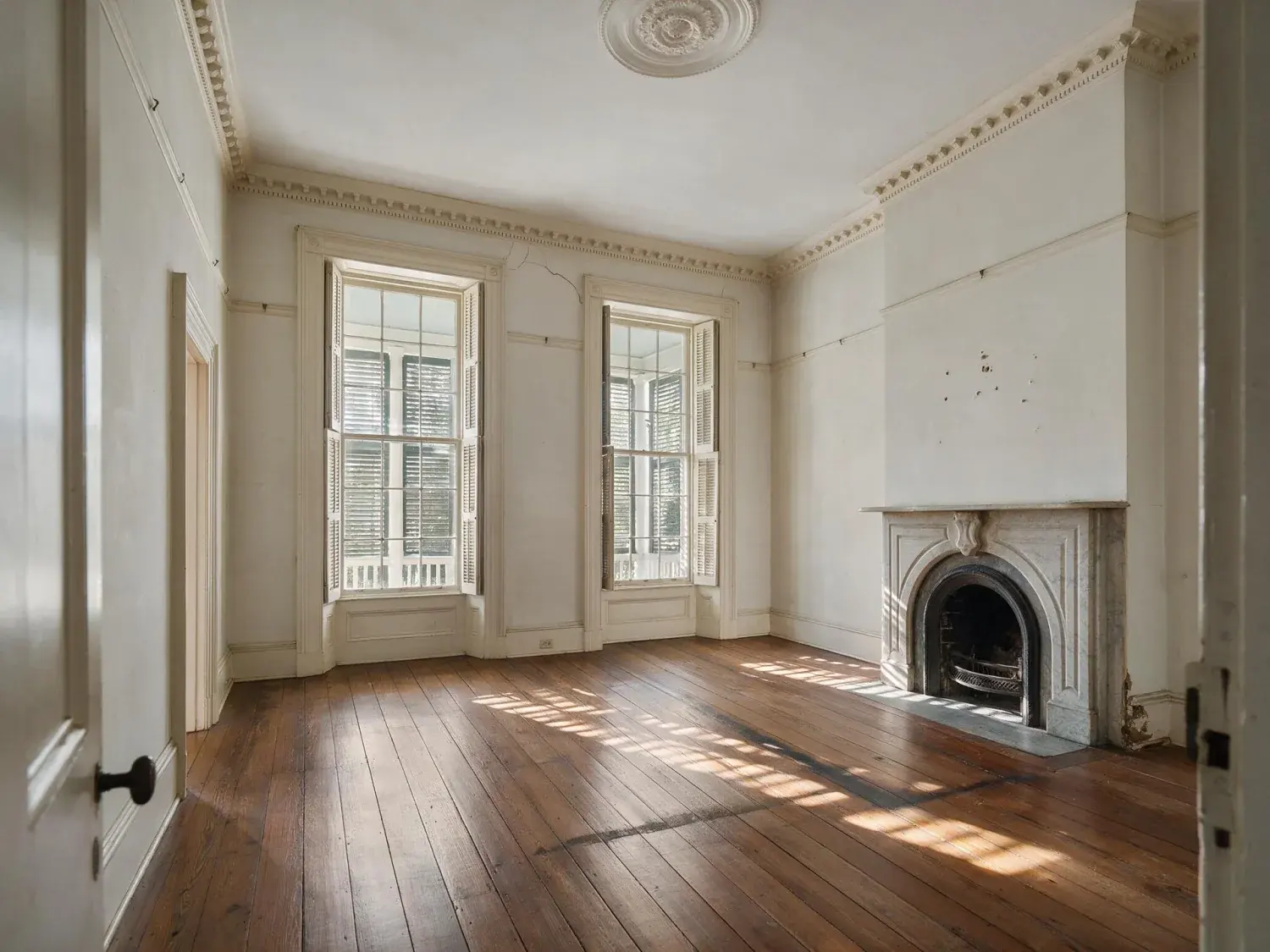 Before and after of a south of broad charleston single house with a double piazza, its formal drawing room emptied and waiting for a designer's five-direction pitch — original listing photo before editing