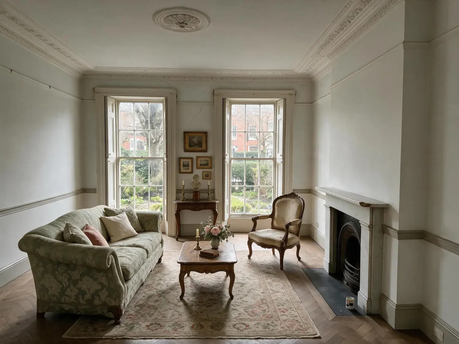 Before and after of a vacant principal drawing room in a ballsbridge georgian townhouse staged into the house & home ireland cover hero — enhanced by Plotpane