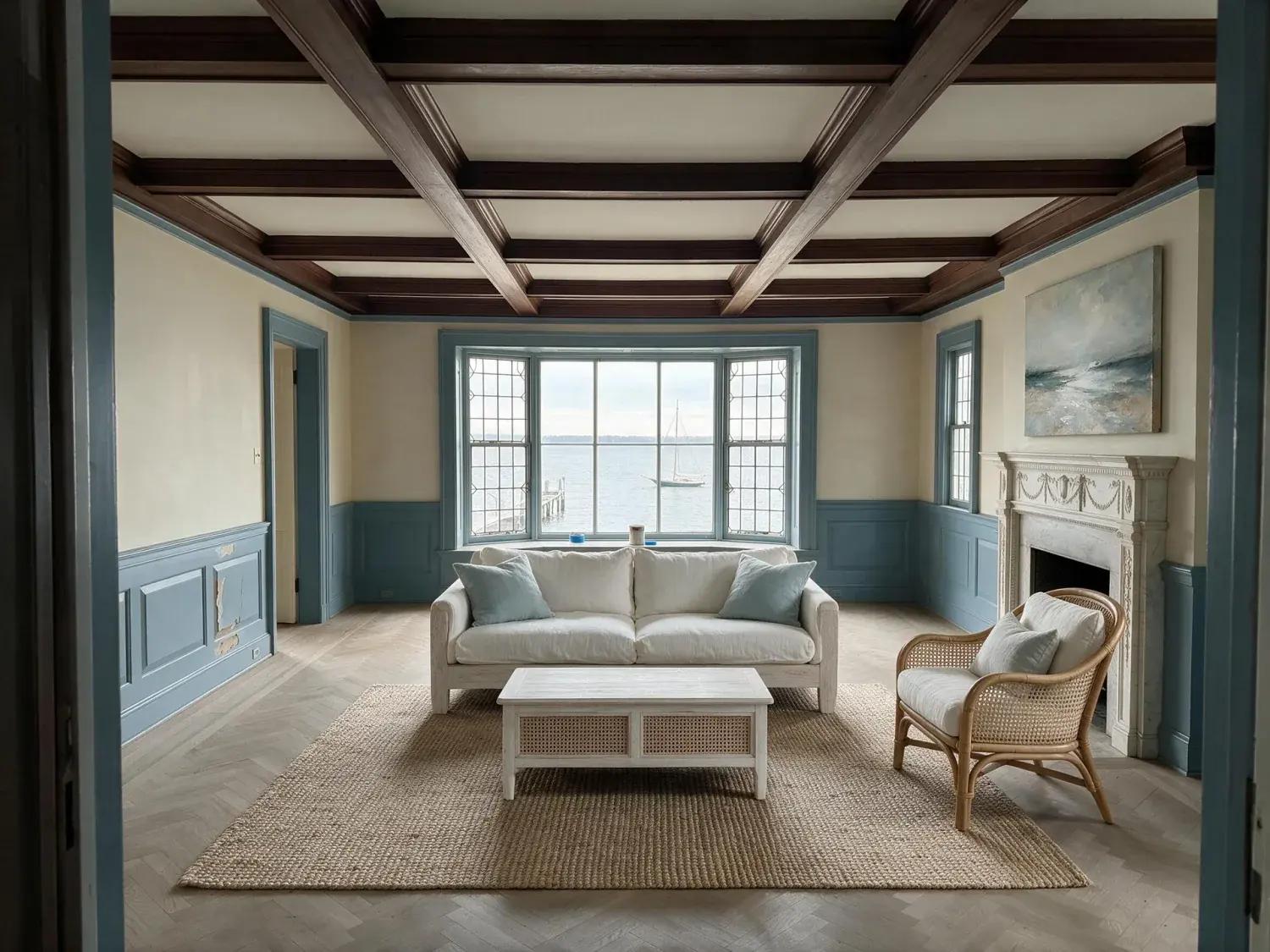 Before and after of a fully vacant belle haven shingle-style waterfront drawing room — echoing empty — transforms into a warm, transitional-coastal family room staged for a $14m listing cover shot — enhanced by Plotpane