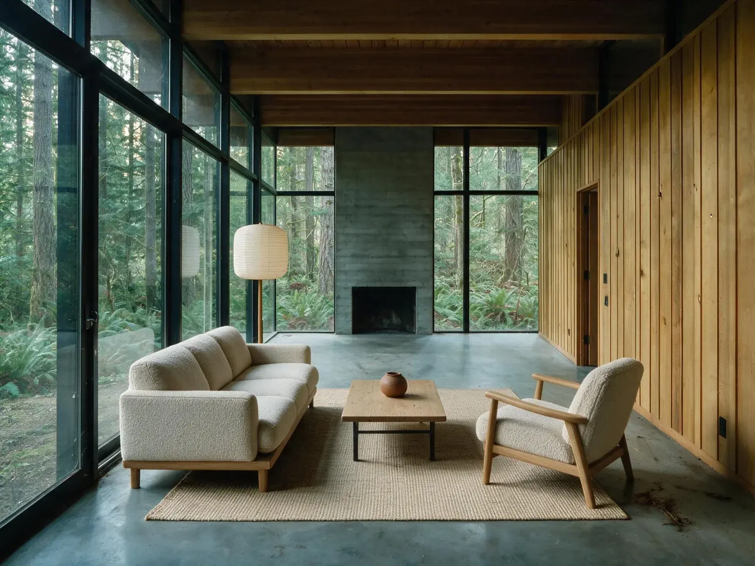 Before and after of a moss-roofed portland forest modernist tucked into douglas-fir — an empty live/work shell transformed into the understated northwest editorial register — enhanced by Plotpane