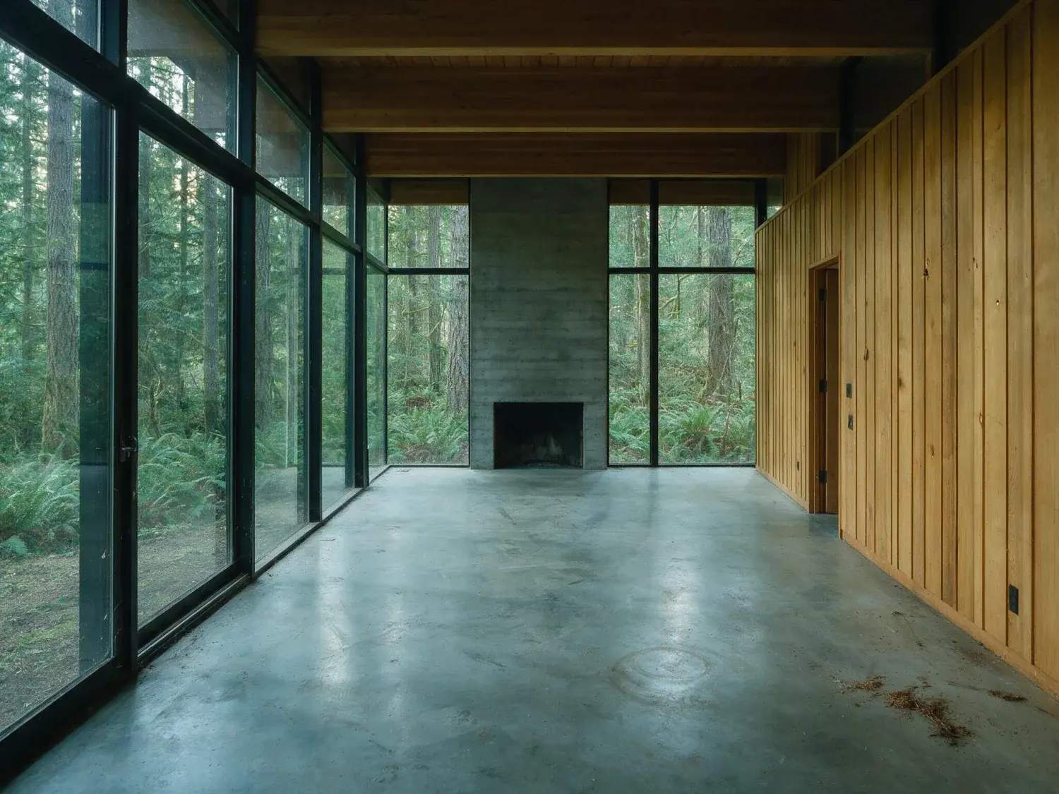 Before and after of a moss-roofed portland forest modernist tucked into douglas-fir — an empty live/work shell transformed into the understated northwest editorial register — original listing photo before editing