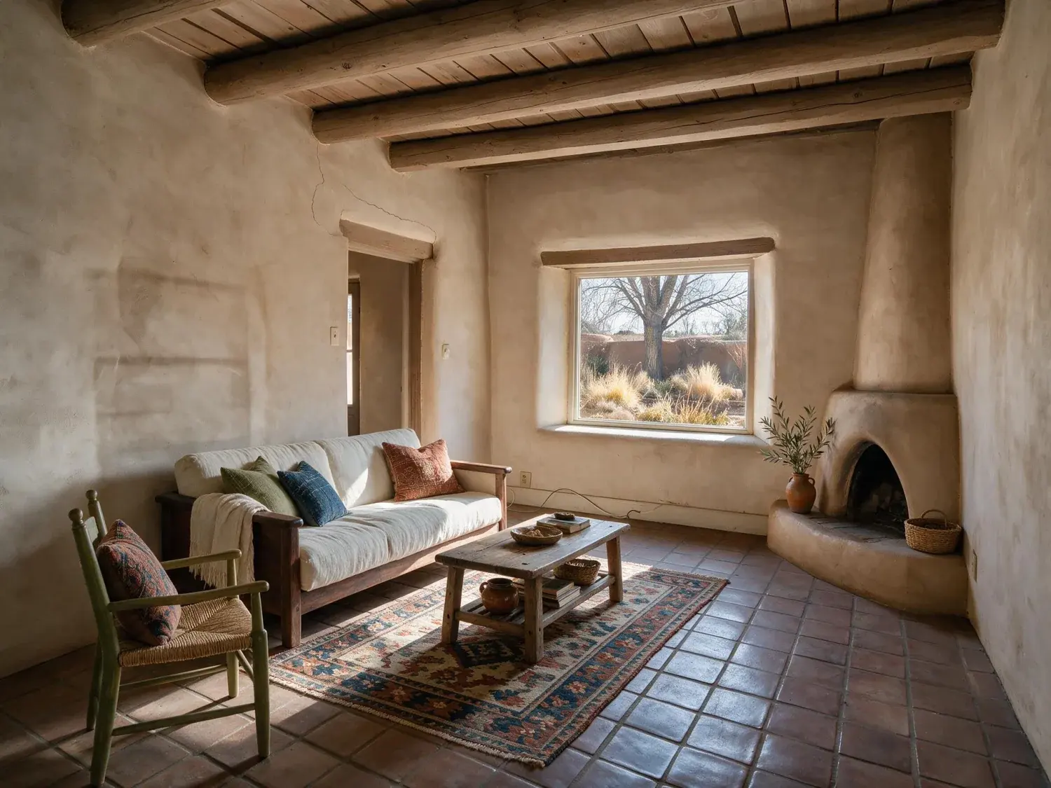 Before and after of a historic santa fe adobe where a creative ai would be tempted to 'modernize' the character features and lose what makes it sell. structure preserved, viga by viga — enhanced by Plotpane