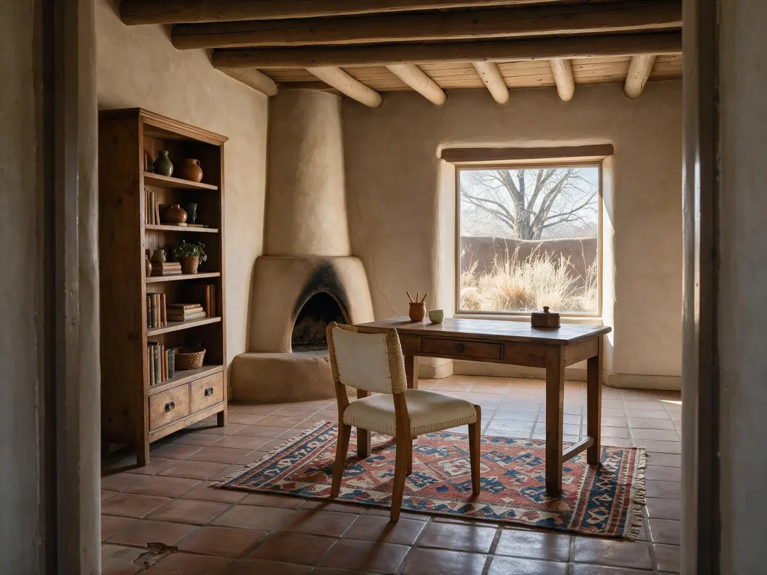 Before and after of a historic santa fe adobe where a creative ai would be tempted to 'modernize' the character features — preserved viga by viga — enhanced by Plotpane