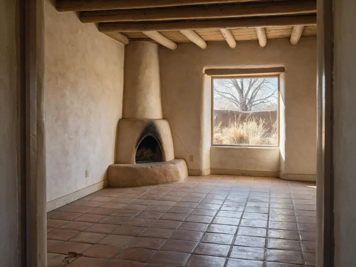 Before and after of a historic santa fe adobe where a creative ai would be tempted to 'modernize' the character features — preserved viga by viga — original listing photo before editing