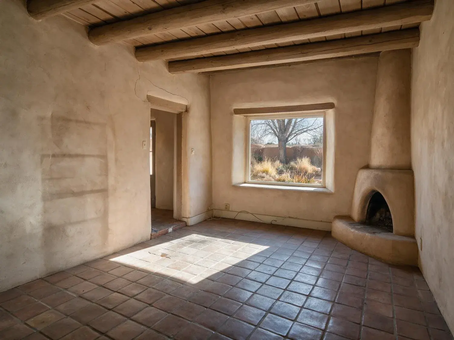 Before and after of a historic santa fe adobe where a creative ai would be tempted to 'modernize' the character features and lose what makes it sell. structure preserved, viga by viga — original listing photo before editing
