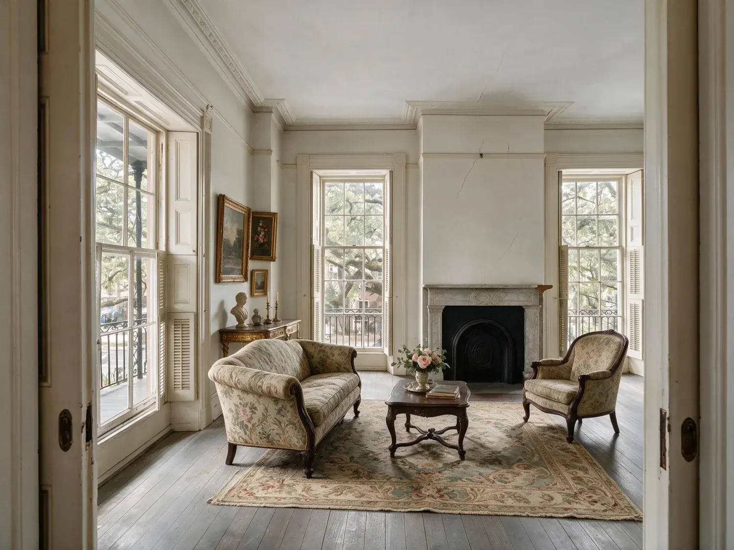 Before and after of a federal-era savannah rowhouse parlor on monterey square — an empty heritage shell that'll sit 73% longer on market unstaged, transformed into a scroll-stopping mls hero — enhanced by Plotpane