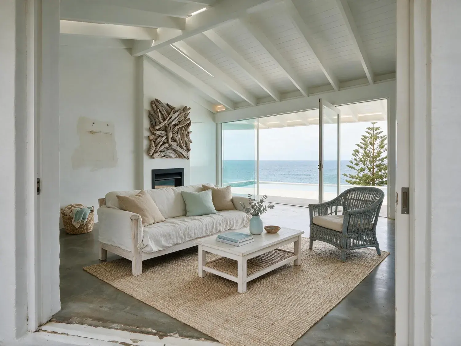 Before and after of a white-stucco bondi cliff-top modernist with a full wall of ocean glass — empty for auction campaign photos and staged into the exact domain / realestate.com.au hero the saturday crowd is scrolling — enhanced by Plotpane