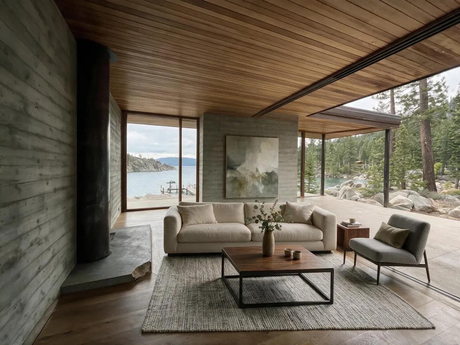 Before and after of a lake tahoe modernist retreat photographed from the lake side at golden hour — douglas fir forest, granite cliffs, alpine water framing a low-slung contemporary home — enhanced by Plotpane