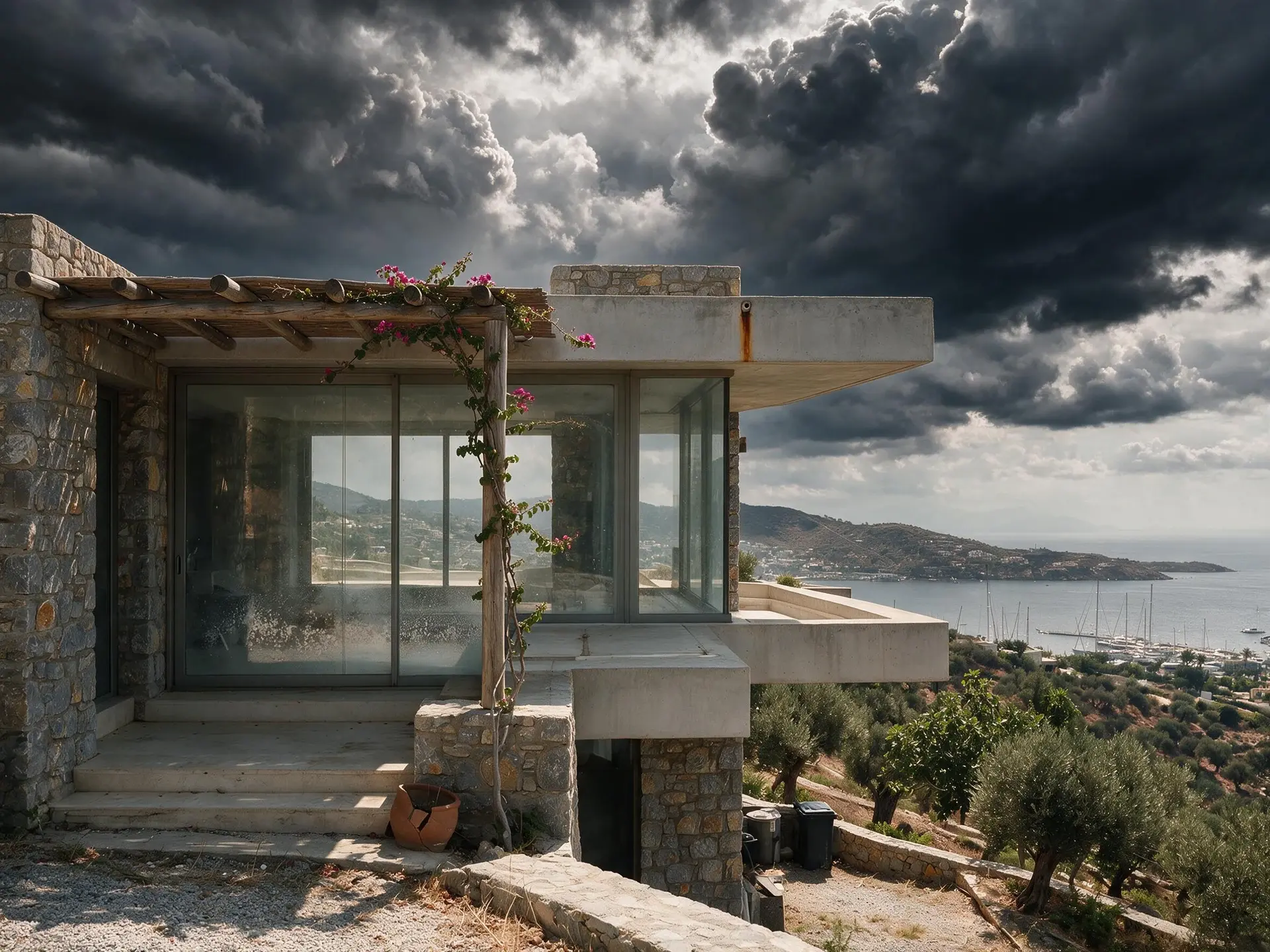 Before and after of a stone and glass villa exterior in Yalikavak, Bodrum, with the sky replaced.