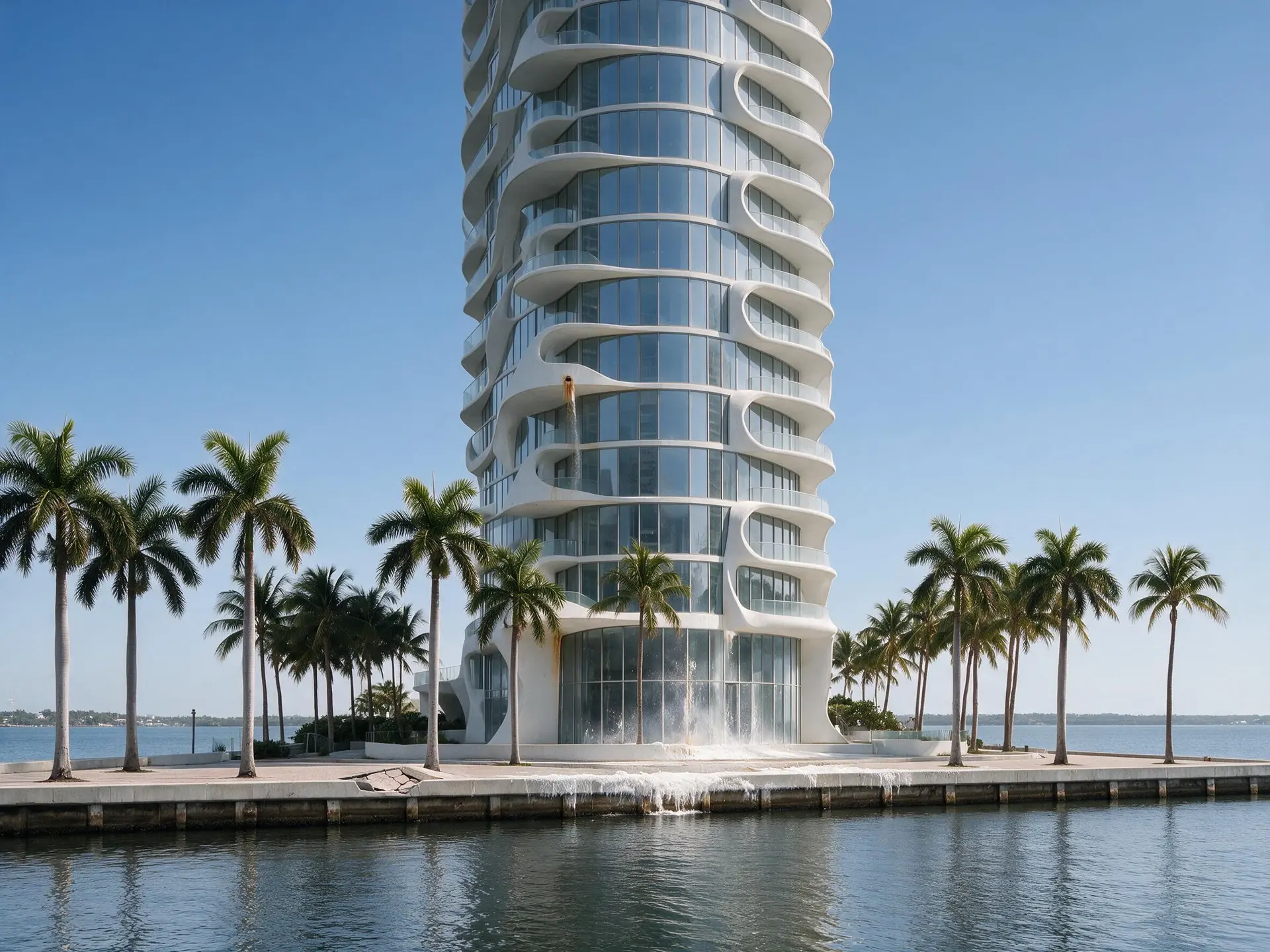 Before and after of a Brickell bayfront condo tower in Miami with its overcast sky replaced
