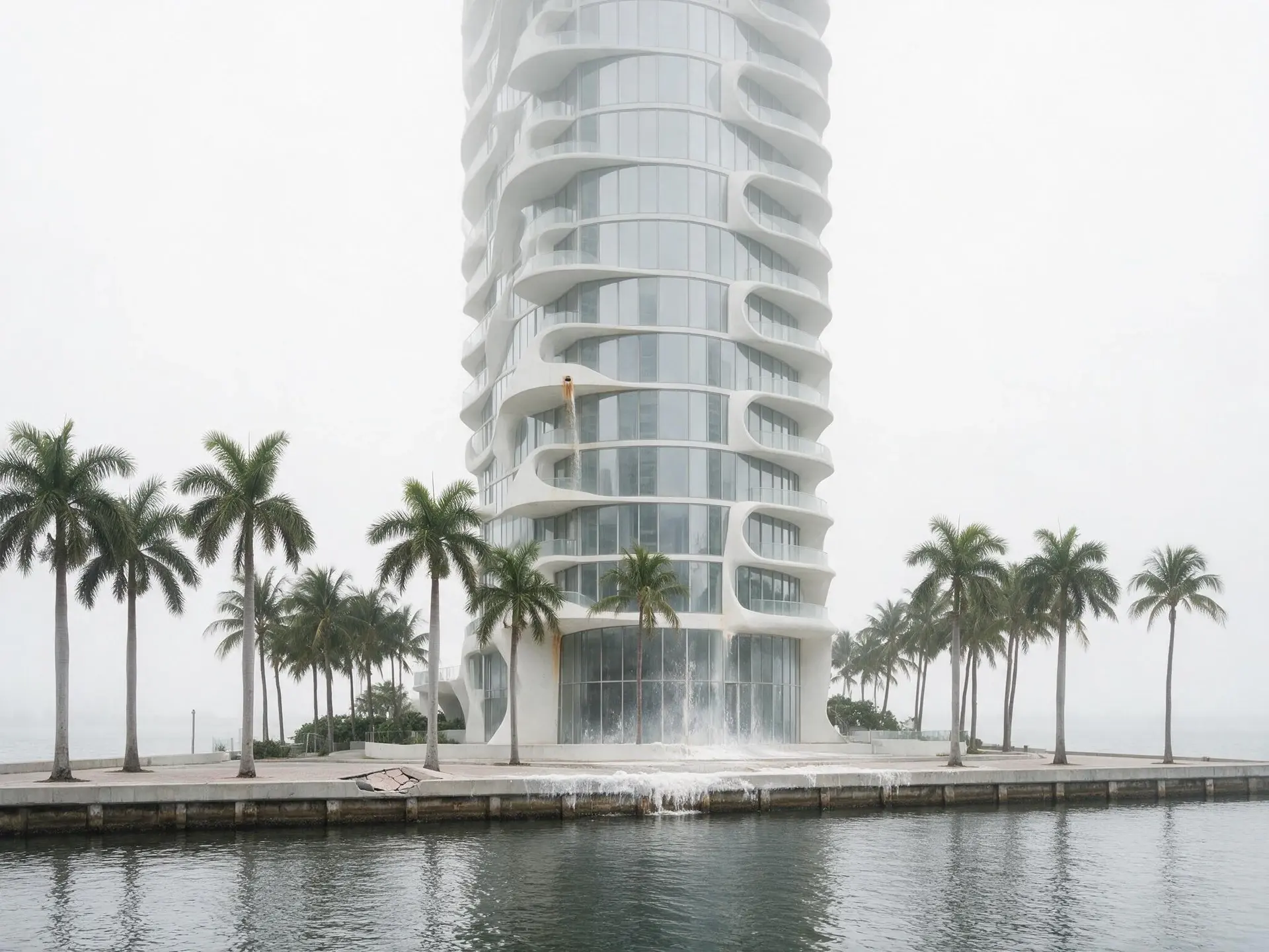 Before and after of a Brickell bayfront condo tower in Miami with its overcast sky replaced — original listing photo before editing