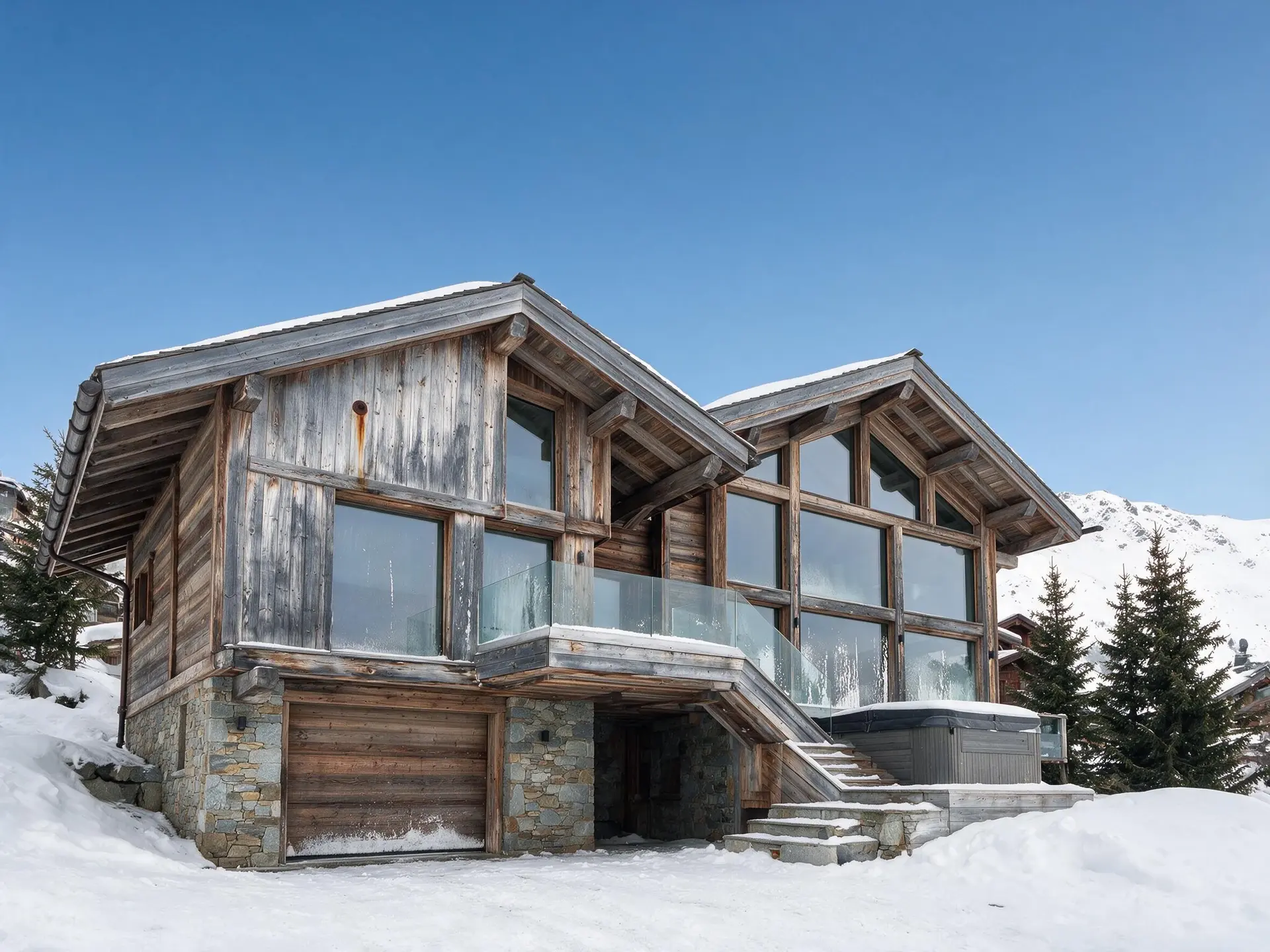 Before and after of a glass-gabled Courchevel 1850 chalet in the French Alps with the sky replaced.