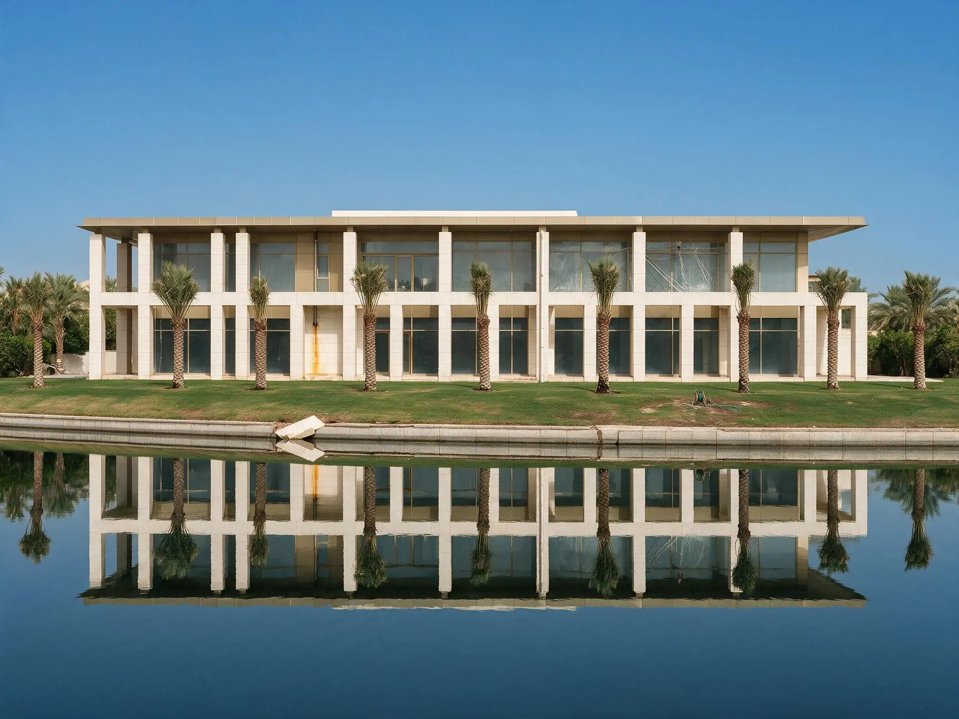 Before and after of a lakefront mansion exterior in Emirates Hills, Dubai, with the sky replaced. — enhanced by Plotpane
