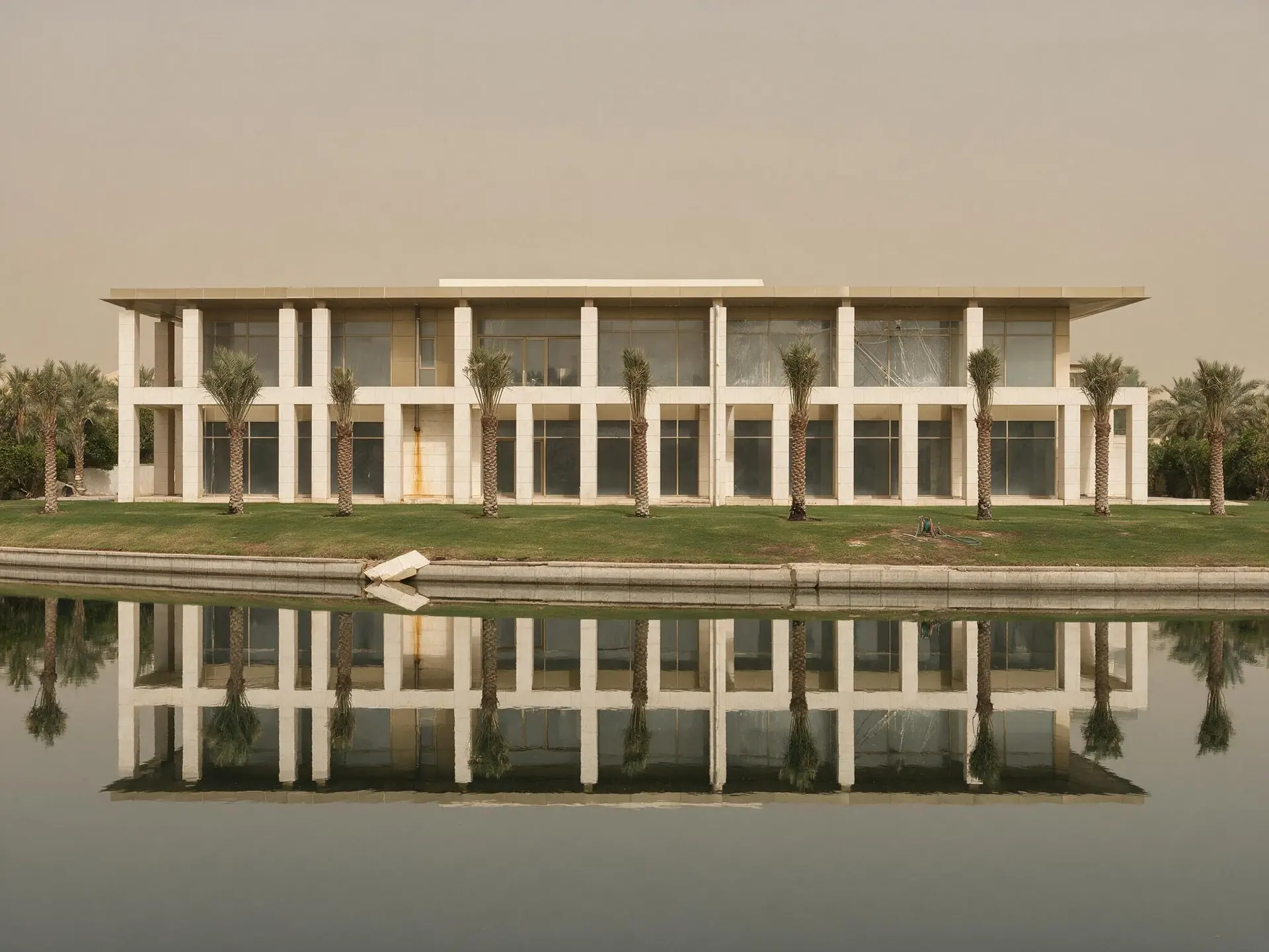 Before and after of a lakefront mansion exterior in Emirates Hills, Dubai, with the sky replaced. — original listing photo before editing
