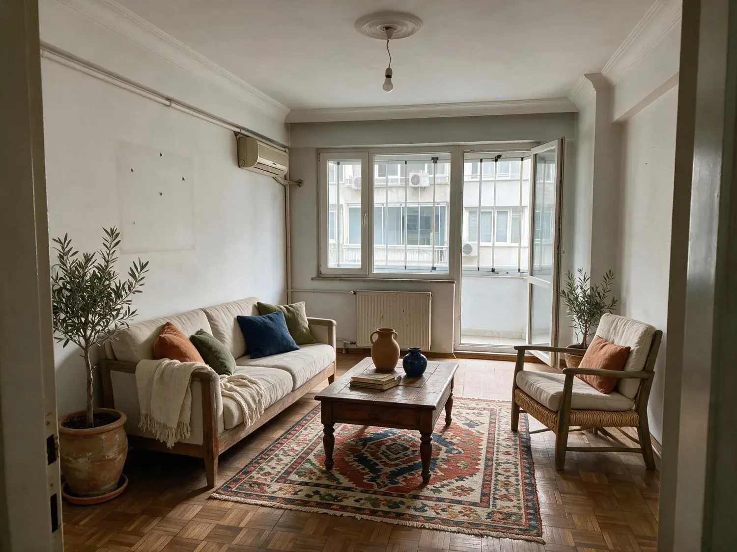 Before and after of a 1970s kadıköy apartman salon the tenants have moved out of, empty down to the bare parquet, furnished for the listing