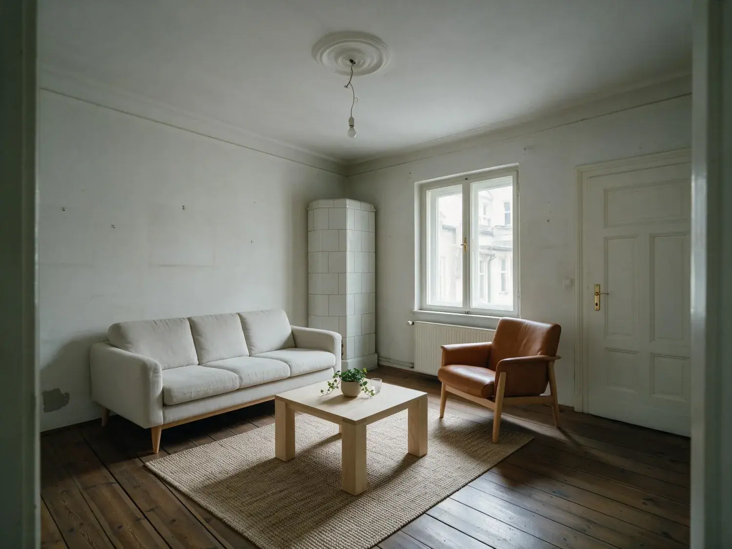 Before and after of an empty berlin altbau room, handed over unfurnished the way they always are, shown as a living room