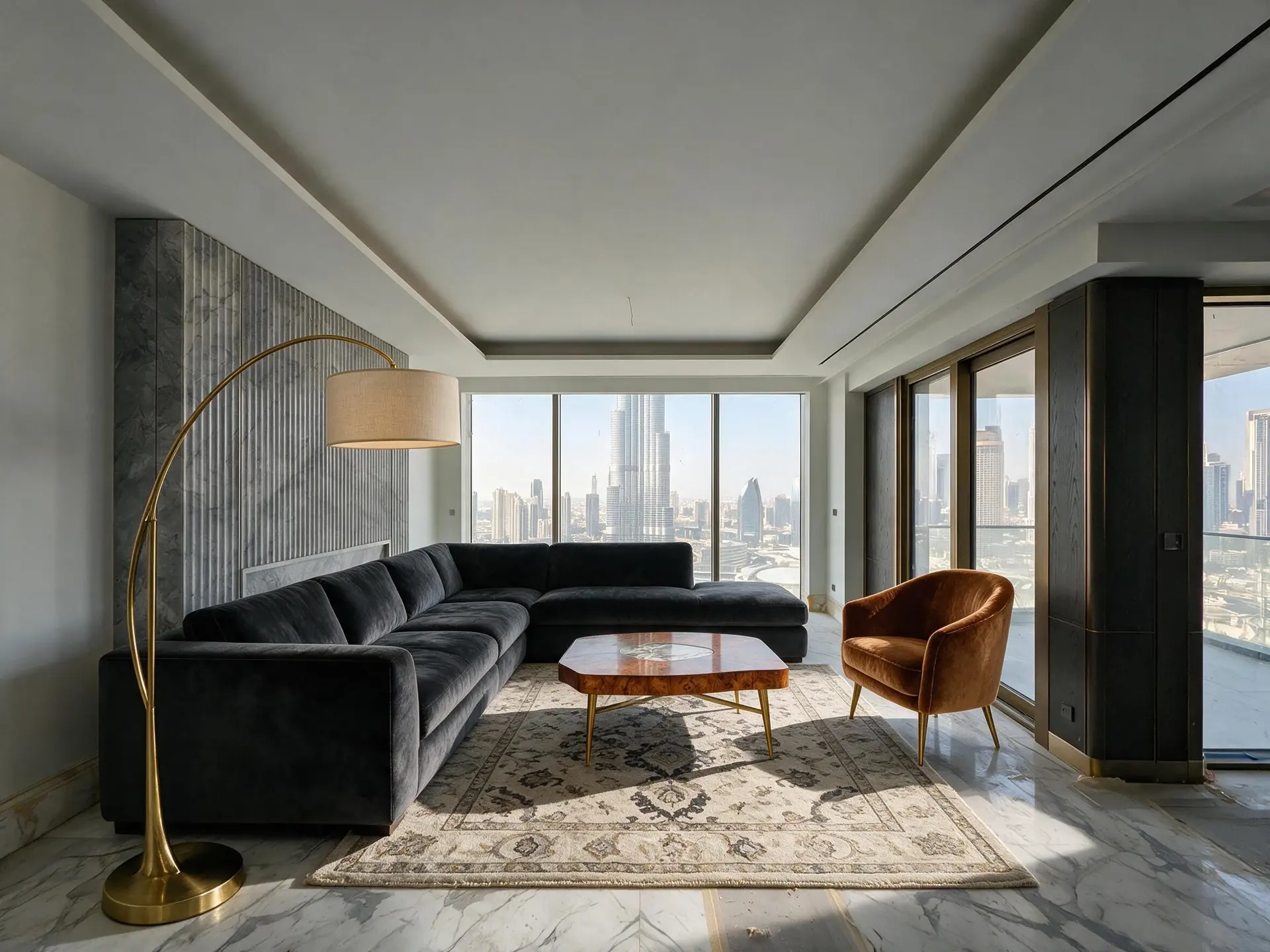 Before and after of an empty Burj Khalifa view penthouse living room in Downtown Dubai. — enhanced by Plotpane