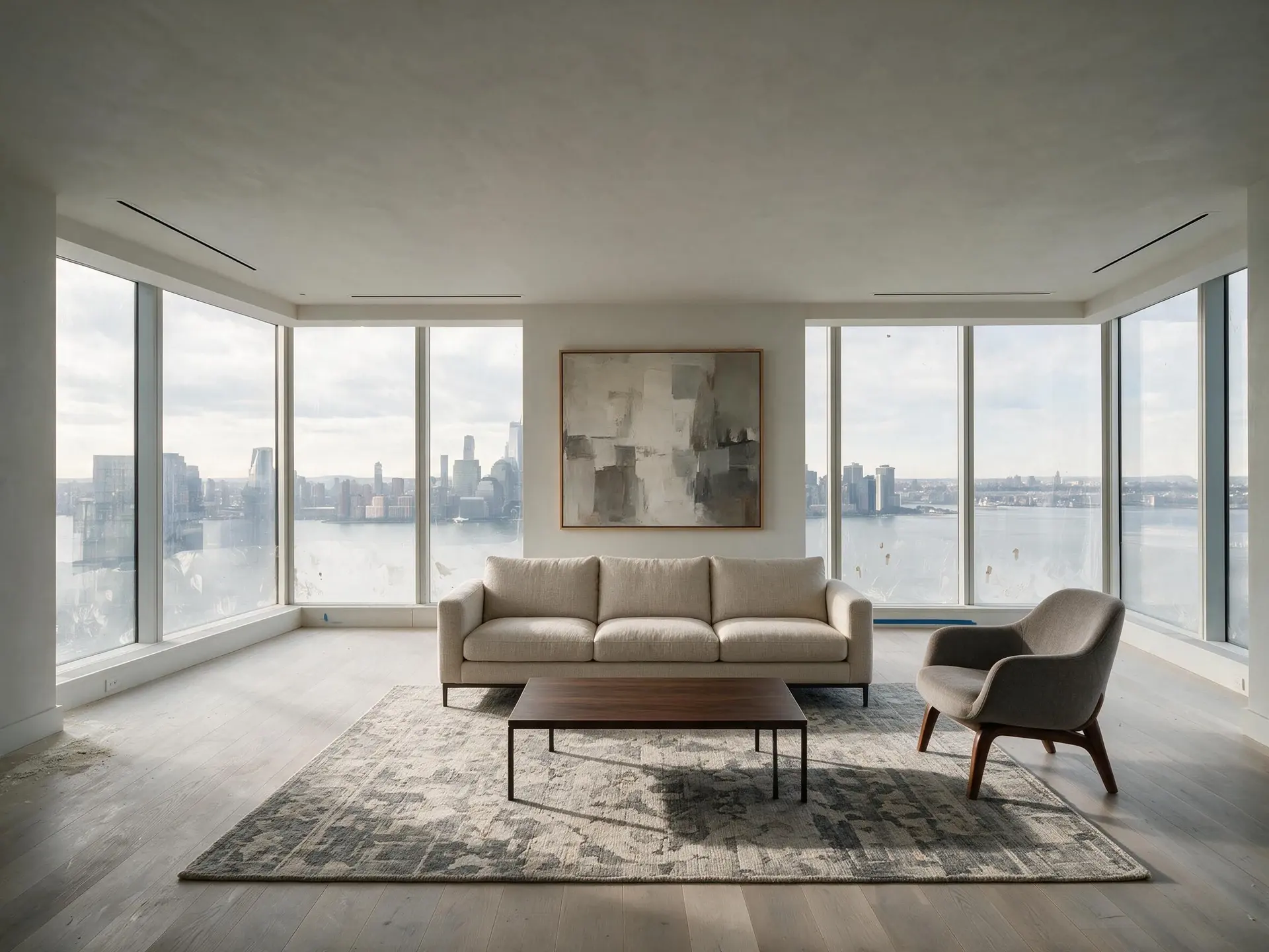 Before and after of an empty Hudson Yards penthouse great room in New York, virtually staged
