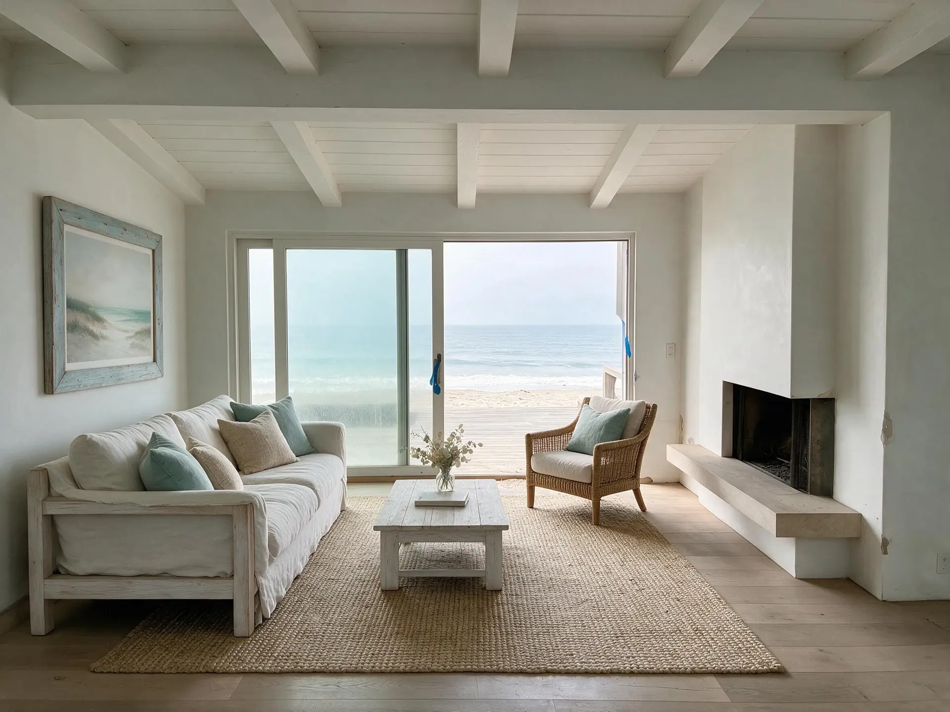 Before and after of an empty oceanfront living room on Carbon Beach, Malibu. — enhanced by Plotpane