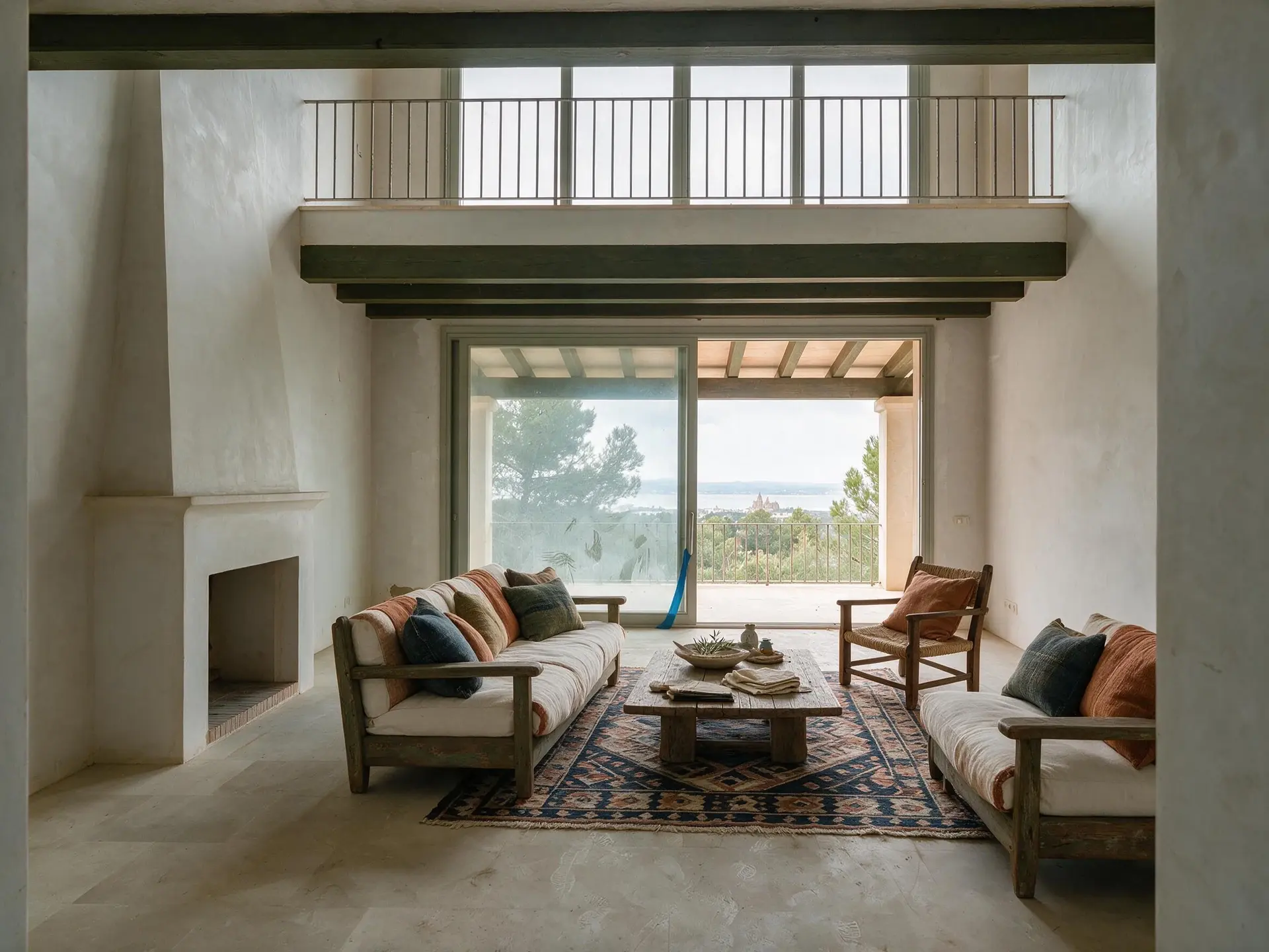 Before and after of an empty double-height salon in a Son Vida villa, Palma de Mallorca.