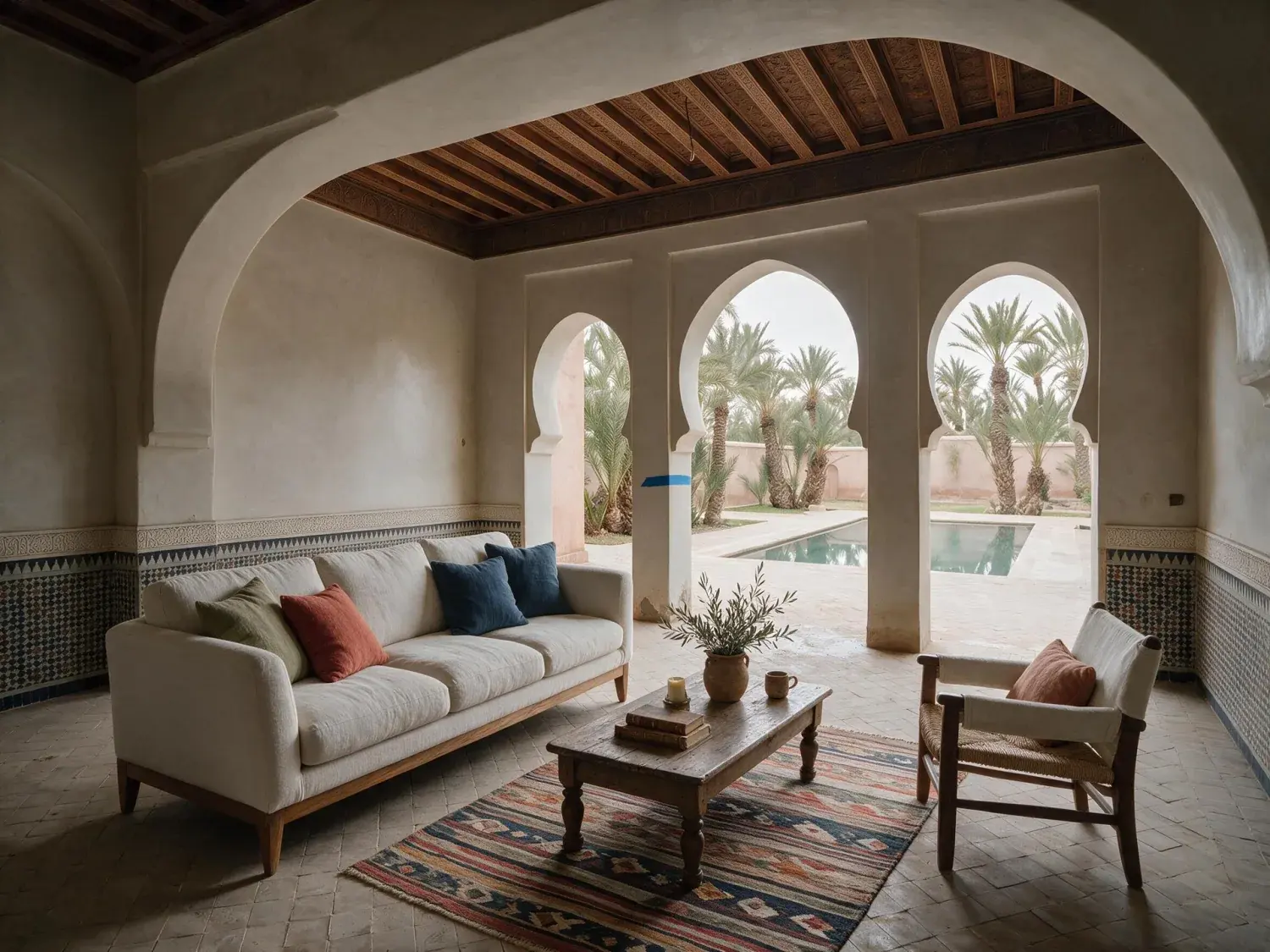 Before and after of an empty riad salon in the Palmeraie, opening to the courtyard pool. — enhanced by Plotpane