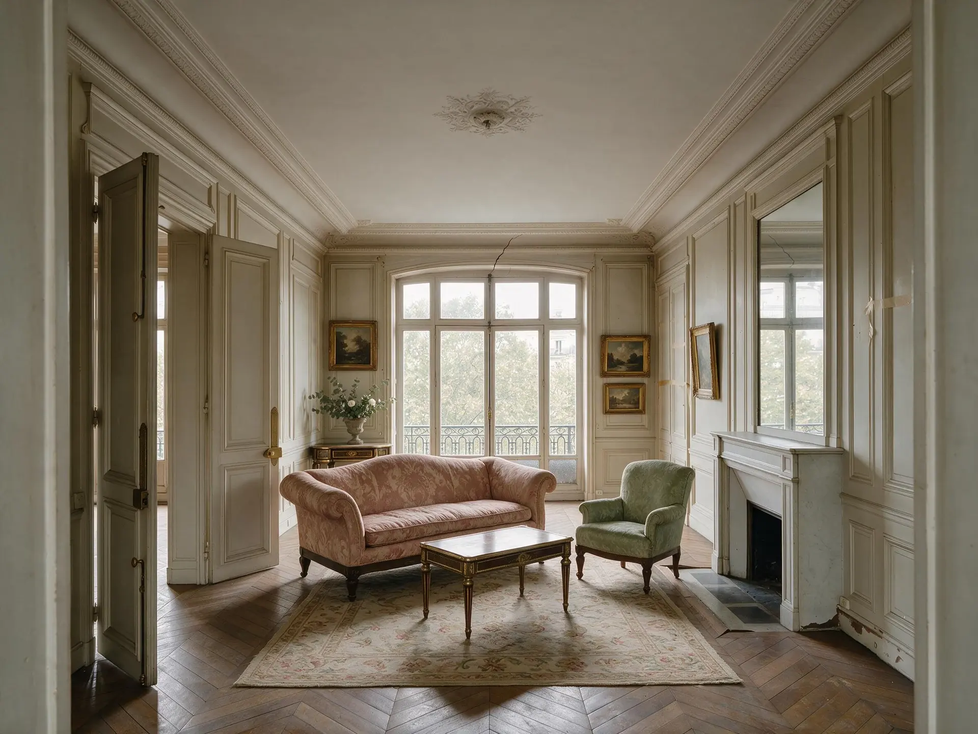 Before and after of an empty Avenue Montaigne grand salon in Paris furnished by virtual staging. — enhanced by Plotpane