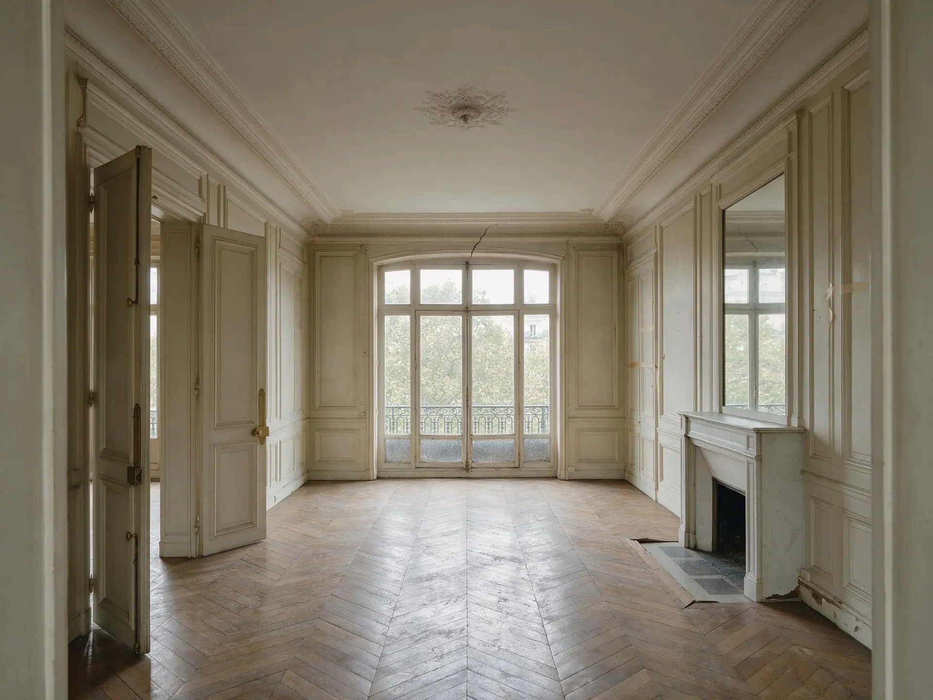 Before and after of an empty Avenue Montaigne grand salon in Paris furnished by virtual staging. — original listing photo before editing