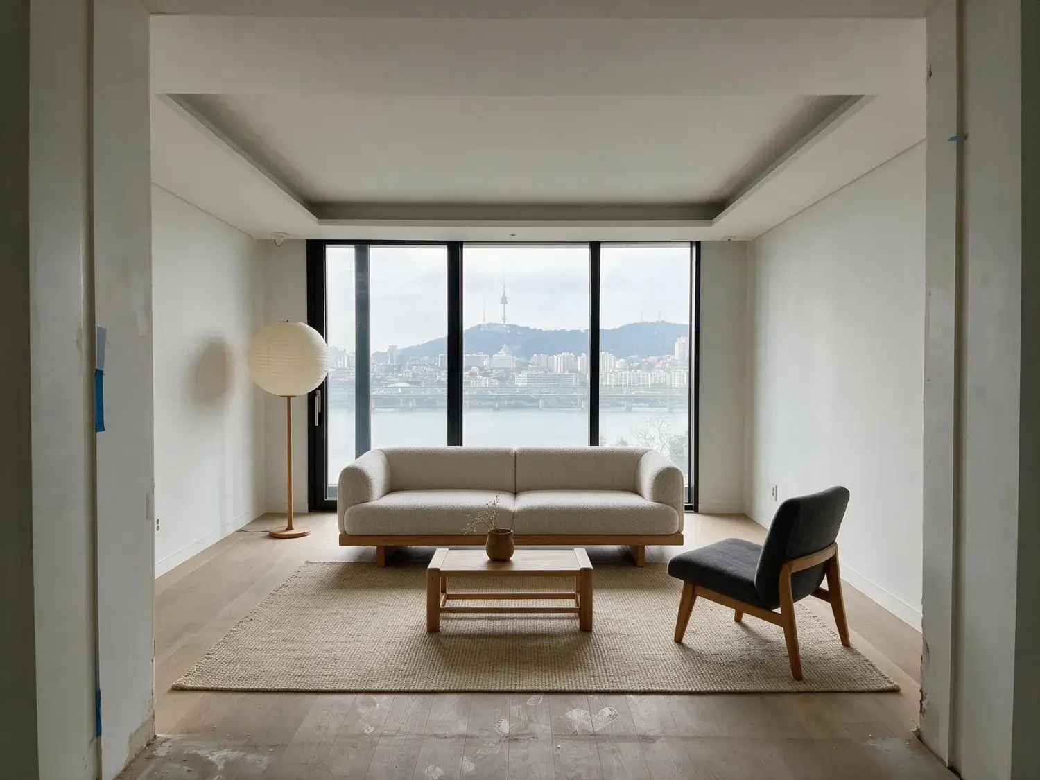 Before and after of an empty Hannam-dong living room over the Han river. — enhanced by Plotpane