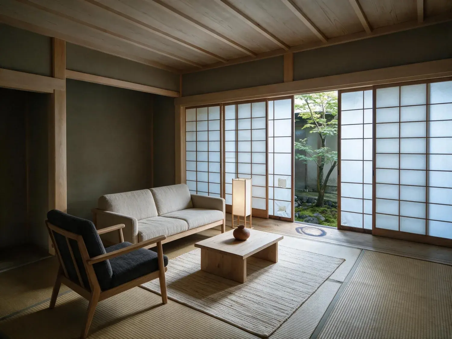 Before and after of a serene kyoto-inspired zen house with tatami and shoji, an empty contemplative shell transformed into a minimalist tea-ceremony retreat — enhanced by Plotpane