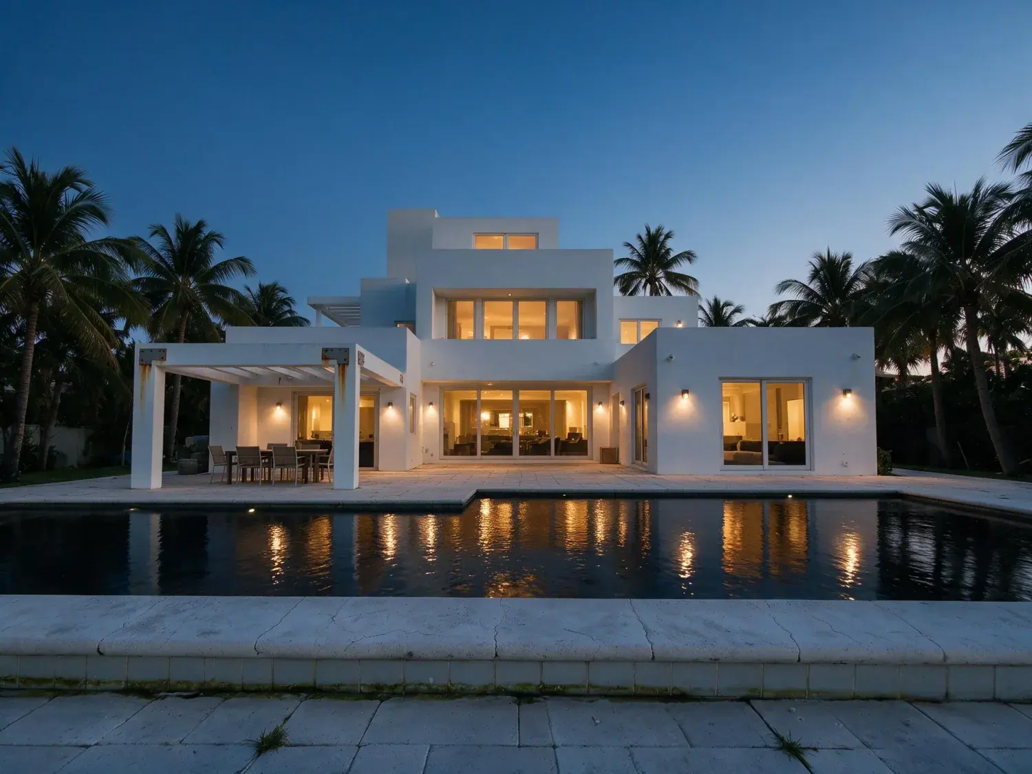 Before and after of a sculptural miami waterfront villa trades flat afternoon glare for a neon-drenched florida blue hour with every window ablaze — enhanced by Plotpane