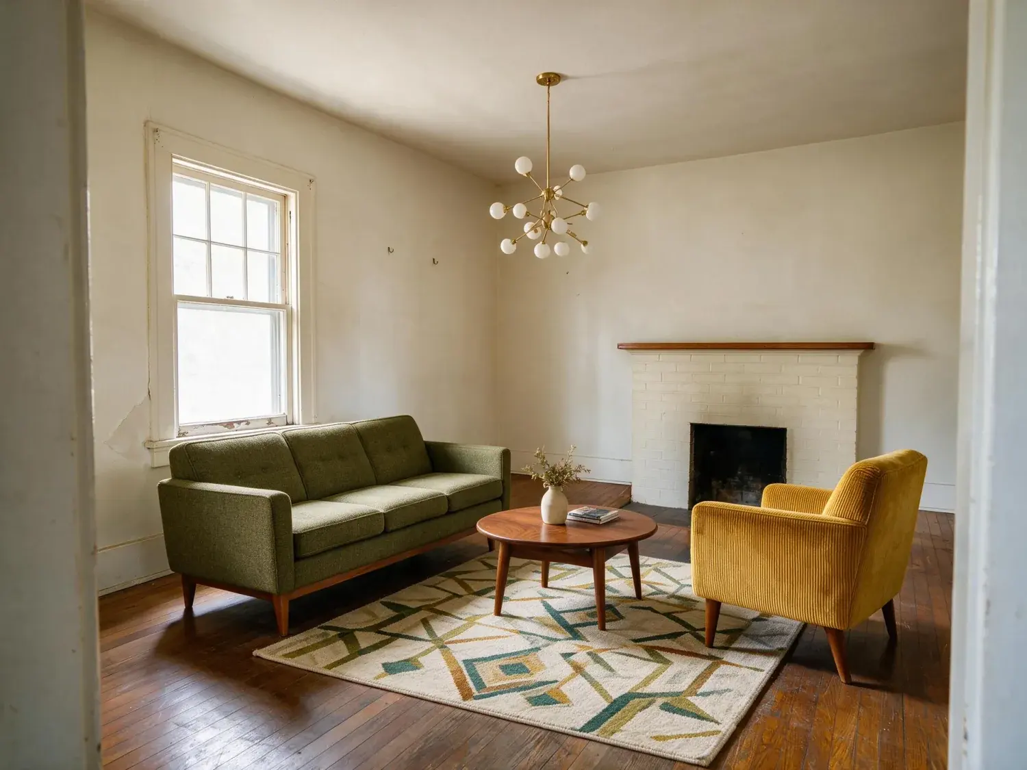 Before and after of empty west campus 1920s bungalow living room staged with warm mid-century furniture appropriate for ut graduate students and young austin professionals — enhanced by Plotpane