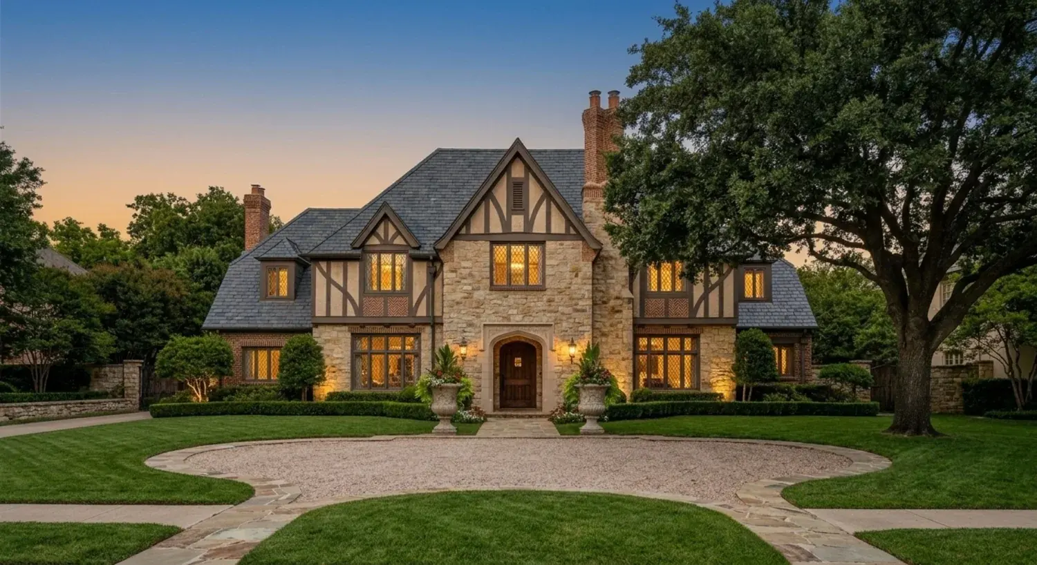 Daytime exterior converted to warm twilight — the canonical real-estate dusk edit — enhanced by Plotpane