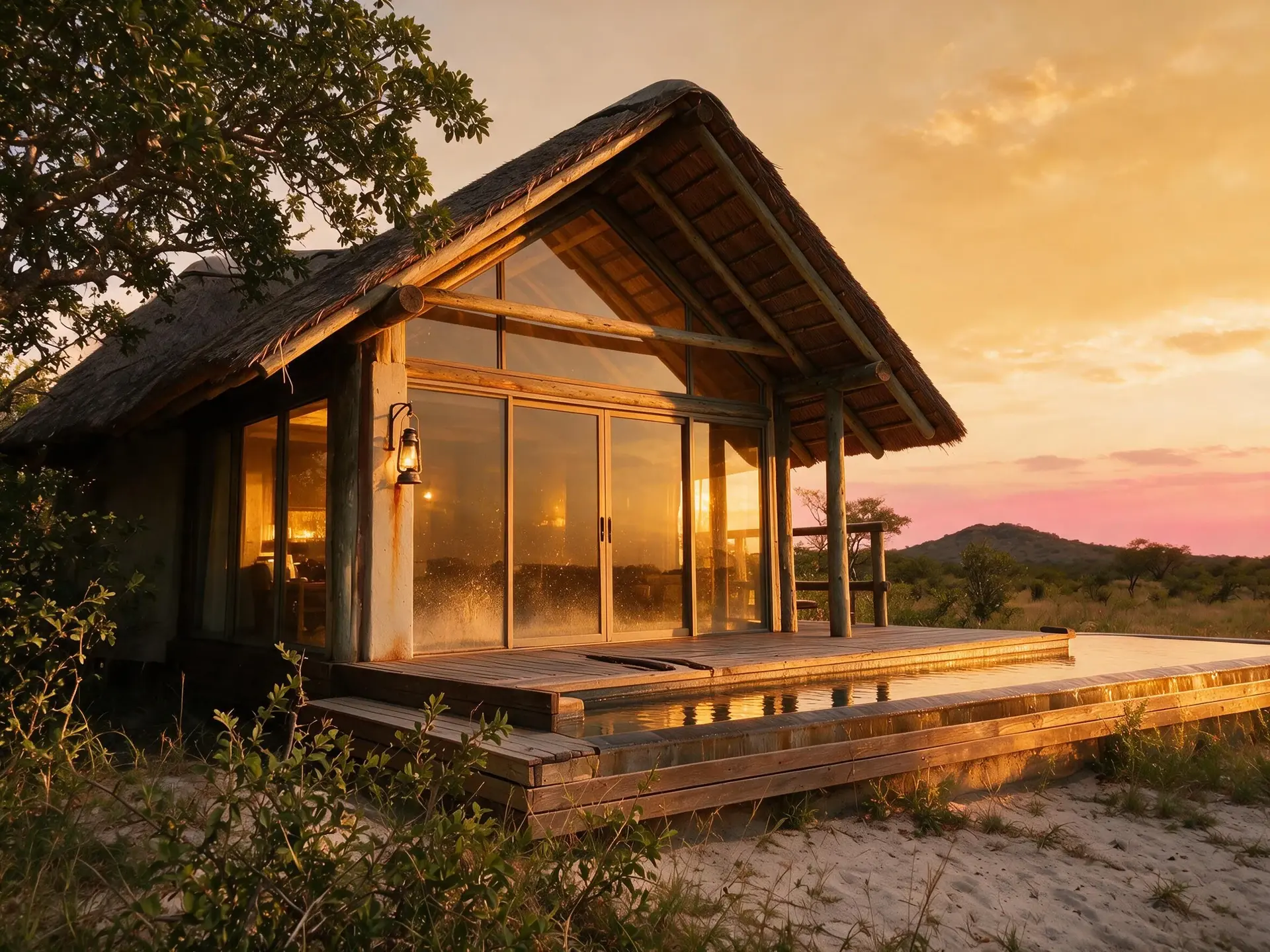 Before and after of a safari lodge suite deck in the Sabi Sand at golden hour.