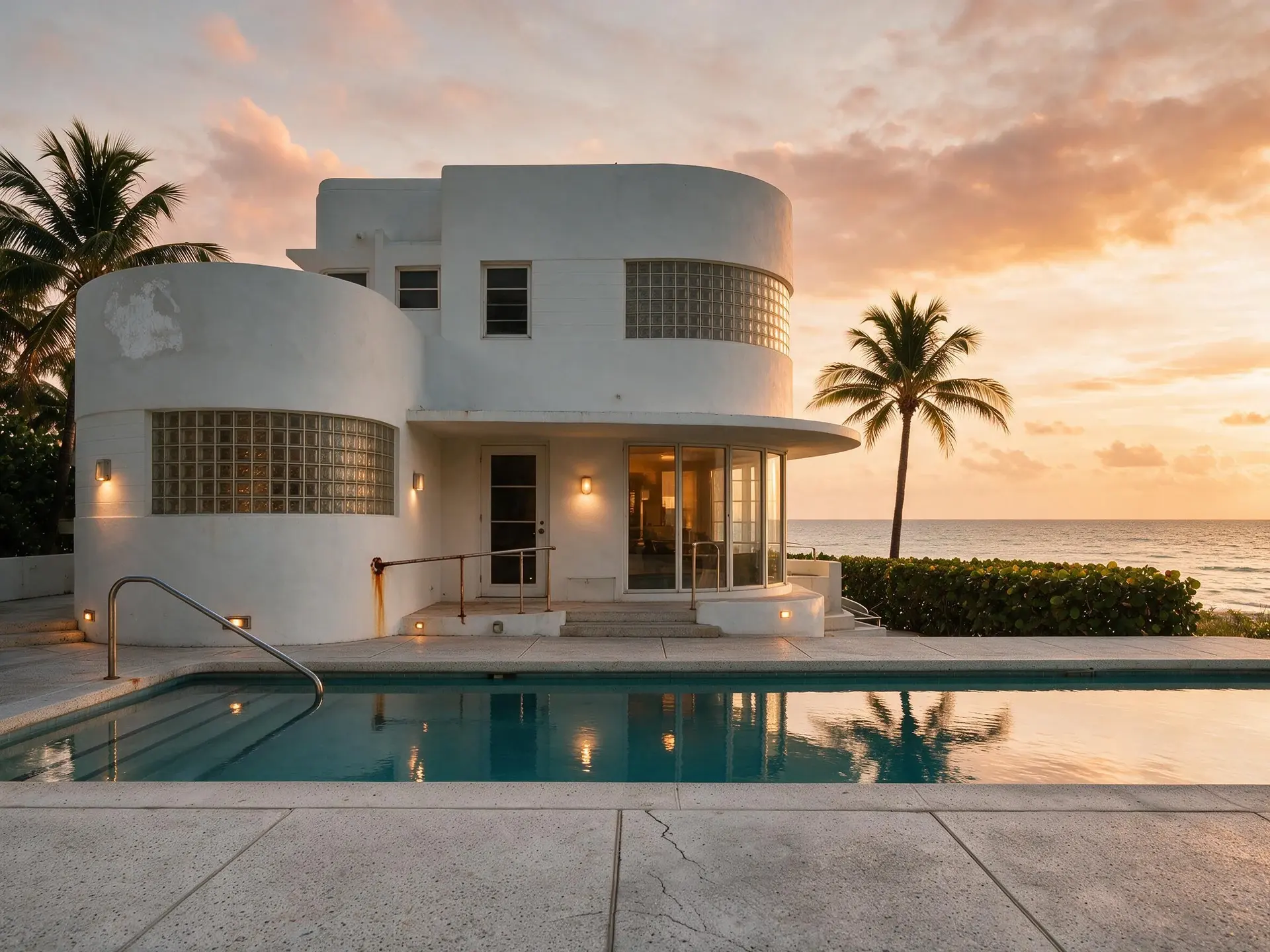Before and after of a South Beach oceanfront Art Deco villa in Miami taken to golden hour — enhanced by Plotpane