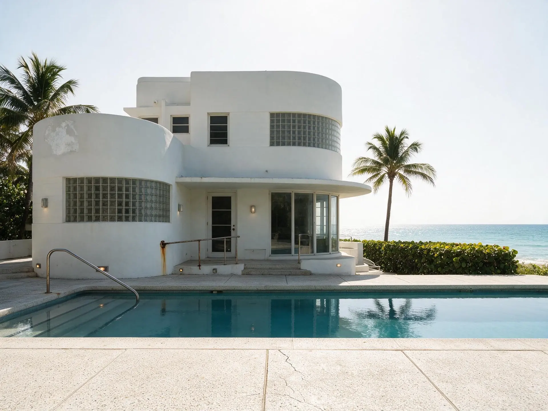 Before and after of a South Beach oceanfront Art Deco villa in Miami taken to golden hour — original listing photo before editing