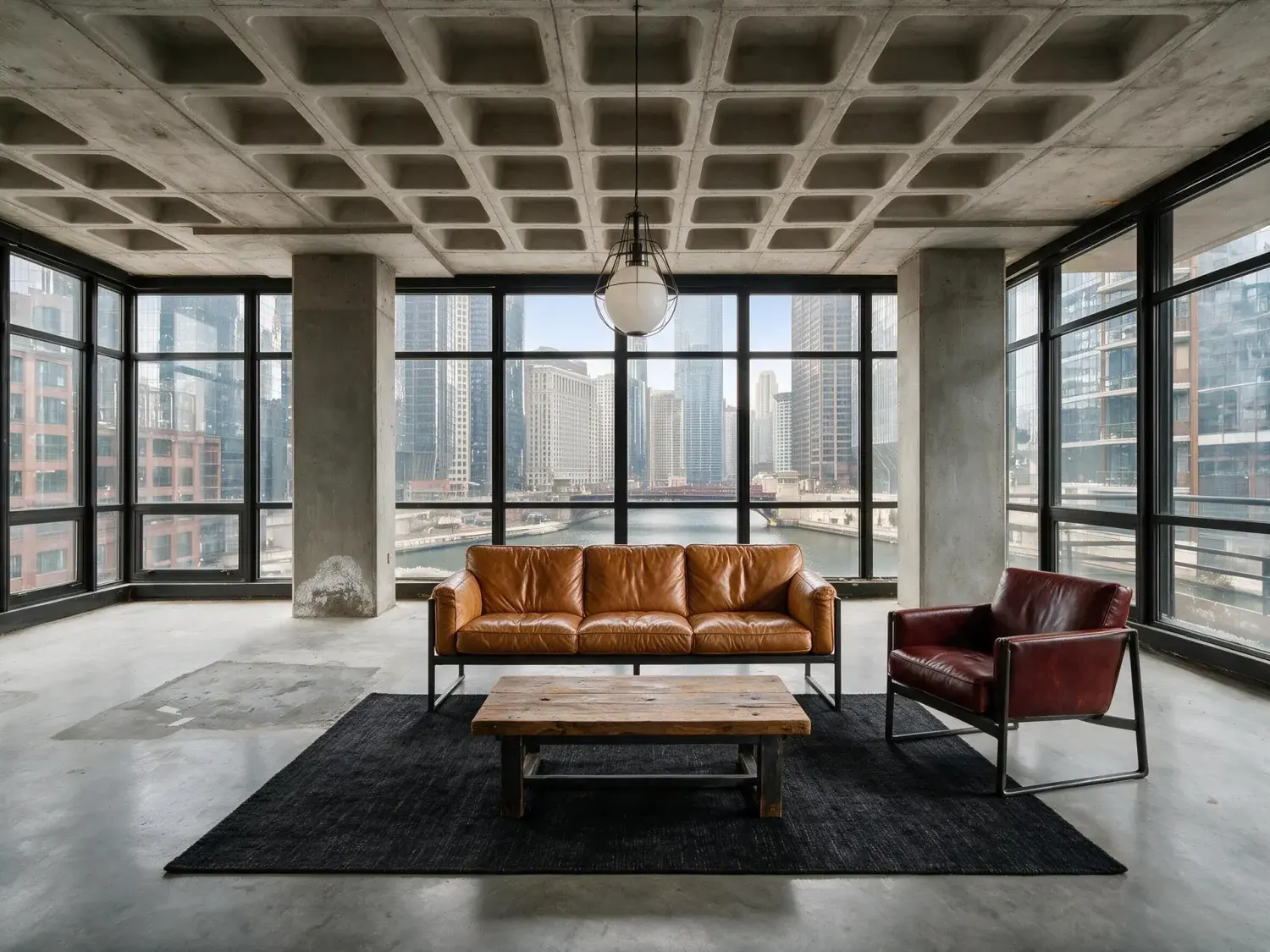 Before and after of a raw concrete-and-steel chicago river penthouse, a blank skyline-facing shell transformed into a sophisticated masculine urban retreat — enhanced by Plotpane